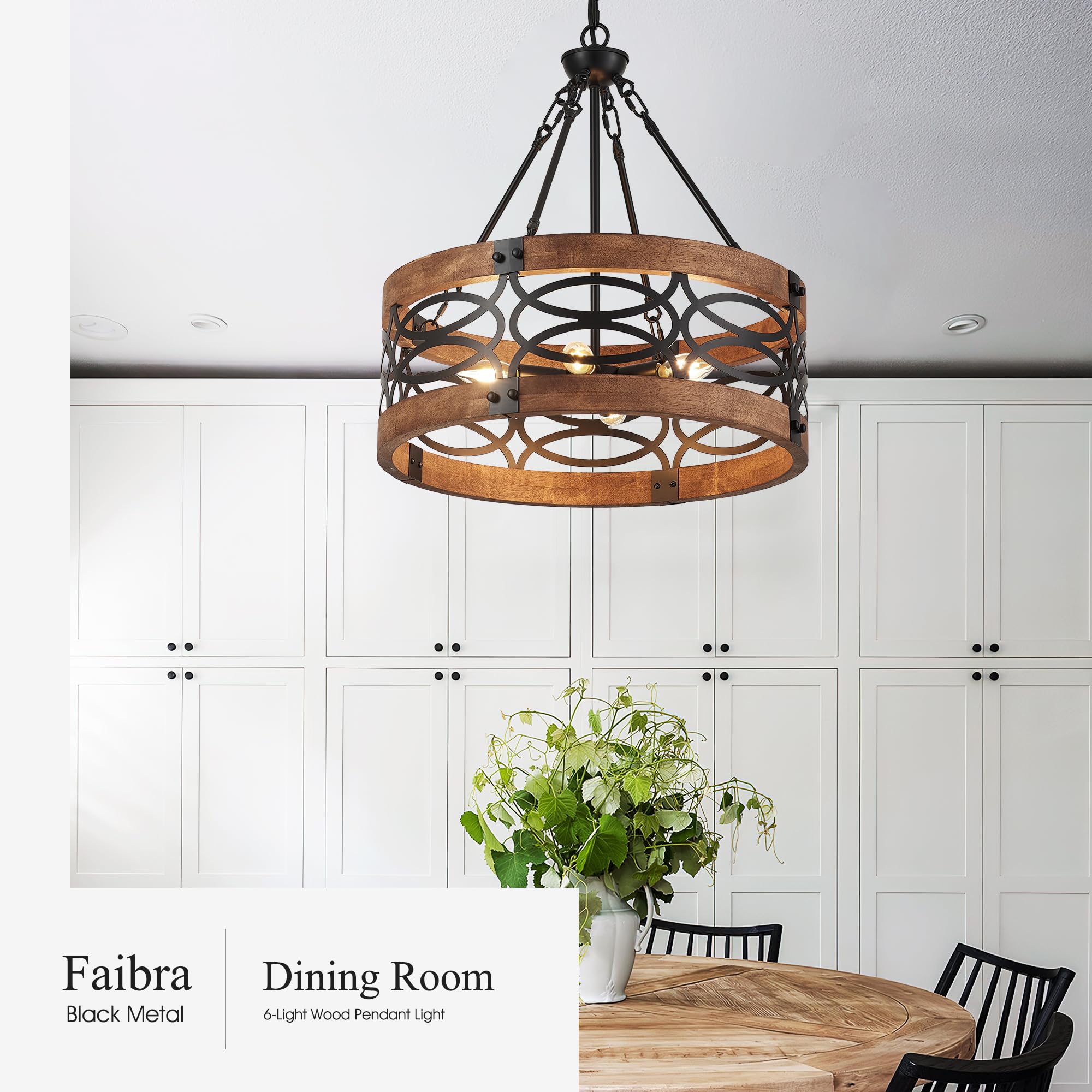 6-Light Farmhouse Wood Pendant Light,22.83'' Vintage Rustic Brown Oak Wood Chandeliers,Retro Industrial Hanging Light Fixtures for Dining Room Entryway, Bedroom