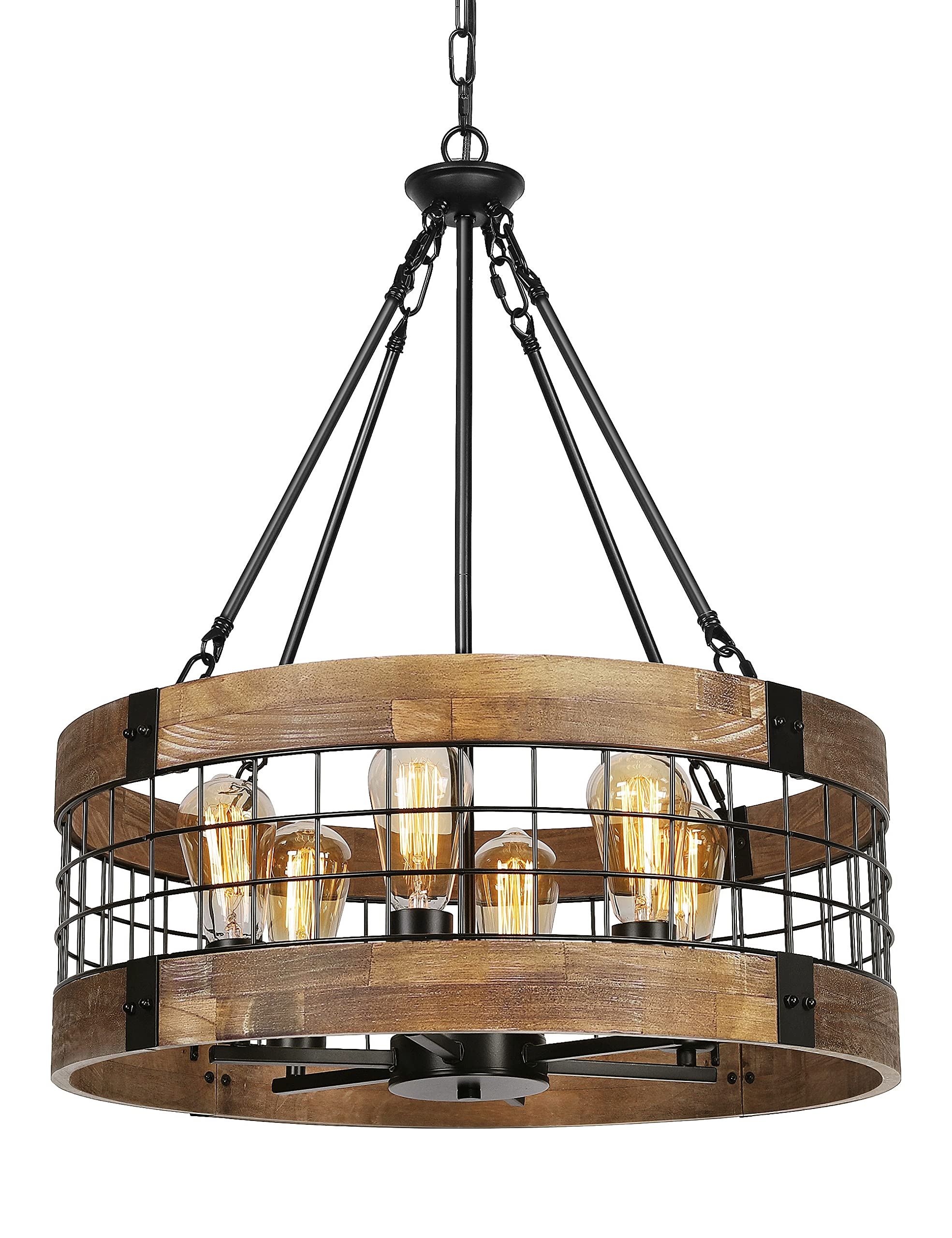 6-Light Farmhouse Chandelier for Entryway, Rustic Dining Room Light Fixtures, Industrial Drum Hanging Lighting for Kitchen Island Foyer, Black Wood and Black Metal Finish