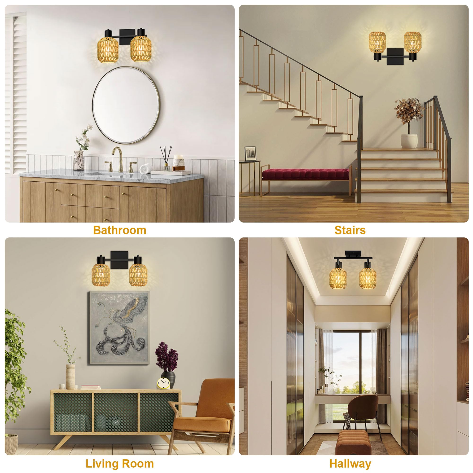 Rattan Wall Sconces Set of Two, Boho Bathroom Vanity Lighting Fixtures over Mirror, Hardwired Farmhouse Wall Lamp with 330°Adjustable Arm for Living Room, Bedroom and Hallway, E26 Base (Not Included)