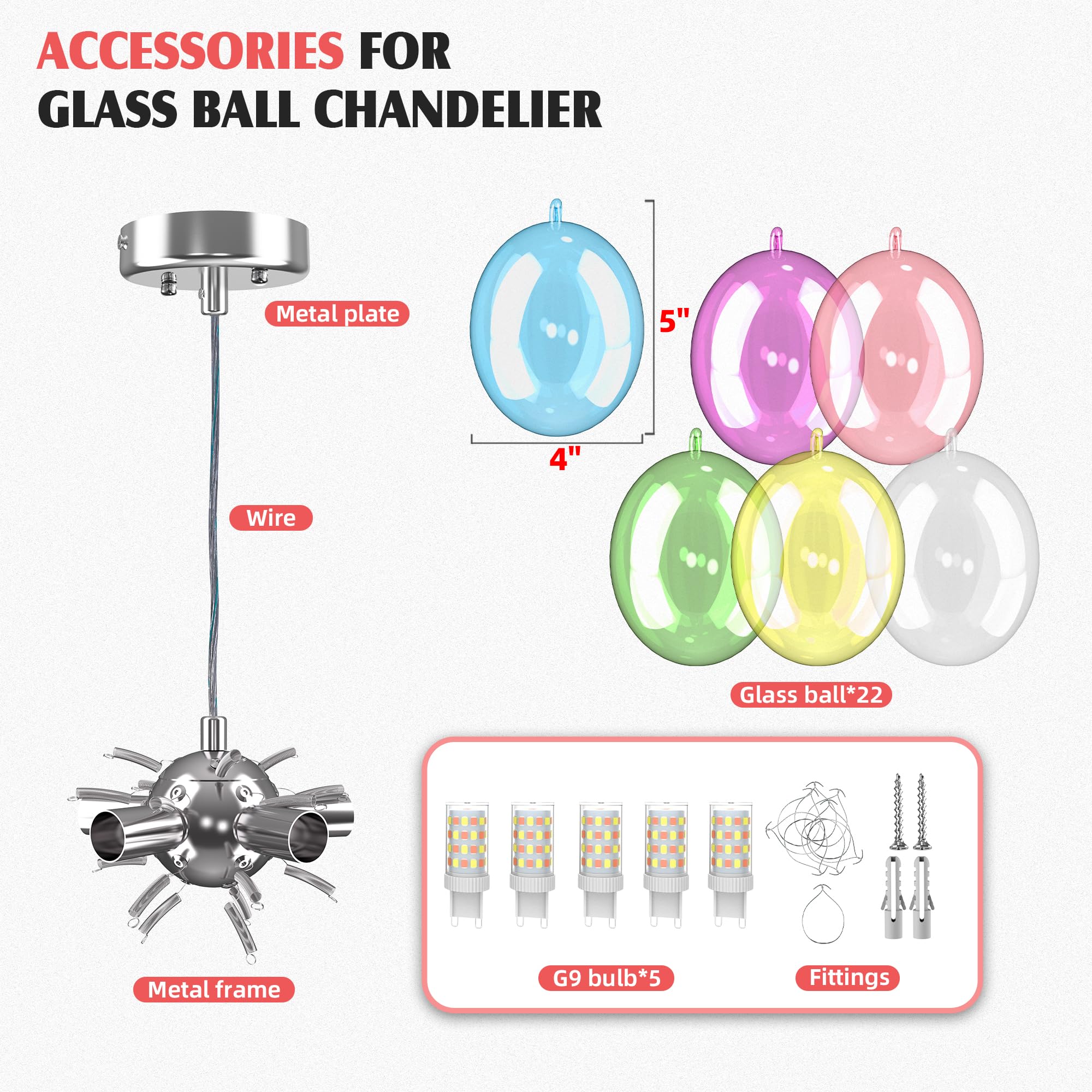 Semi Flush Mount Ceiling Bubble Ball Chandelier Lighting Dia 20 Inch Gold Clear Ribbed Blown Glass Chandeliers Ceiling Medallions Light Fixtures for Bedroom, Living Room, Entry, Bathroom