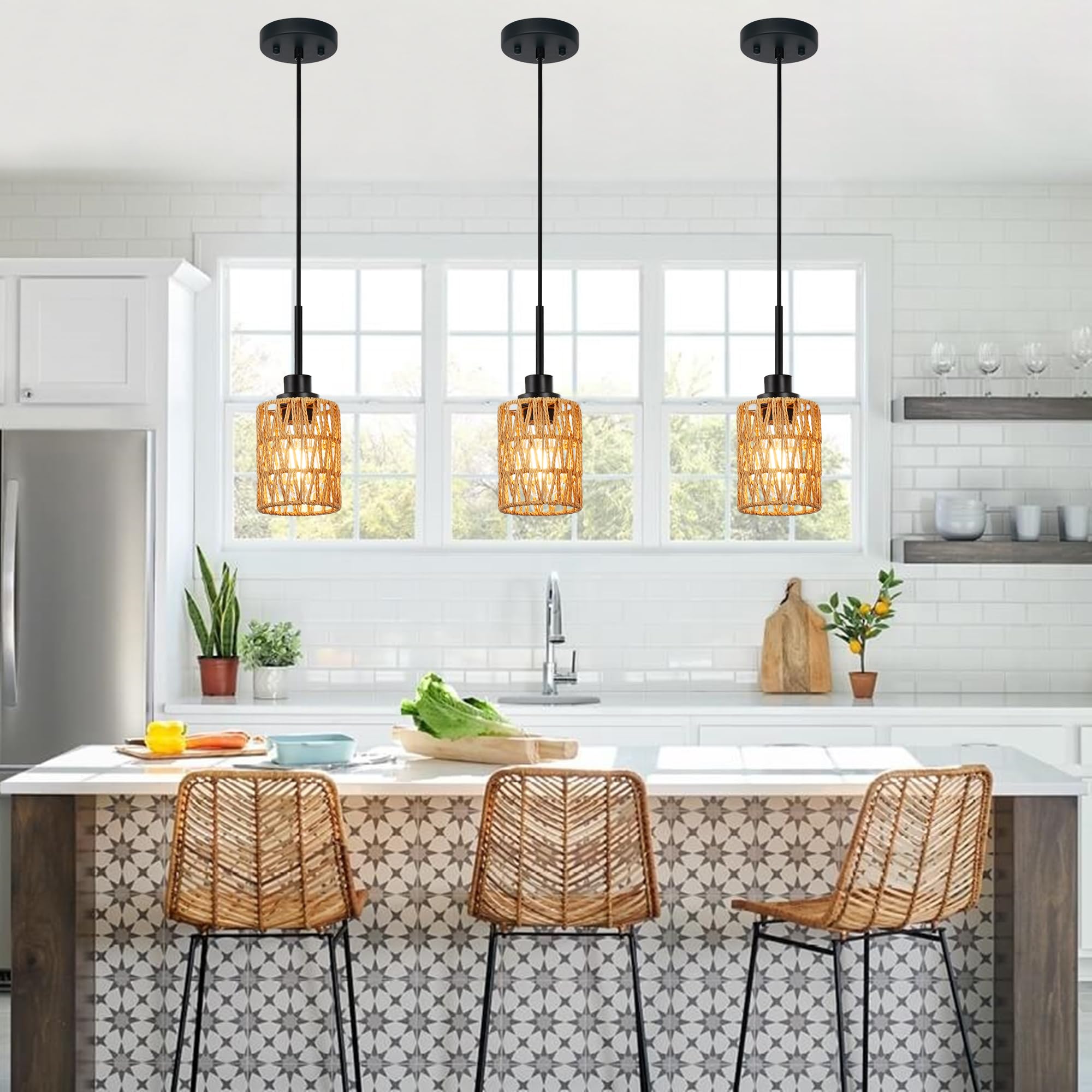 2 Pack Rattan Hanging Light Fixture Boho Pendant Light Black Adjustable Dining Table Light Fixture with Rattan Lamp Shade, Set of Two Mini Pendant Lighting for Kitchen Island Hallway Stair