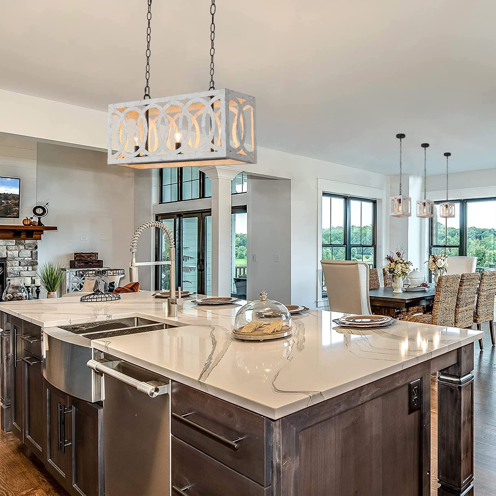 Kitchen Island Light Fixtures Dining Room Distressed White Rectangular Modern Farmhouse Chandelier, 3-Light Metal Rustic French Country Pendant Lighting Ceiling Light Hanging Lamp, No Wood