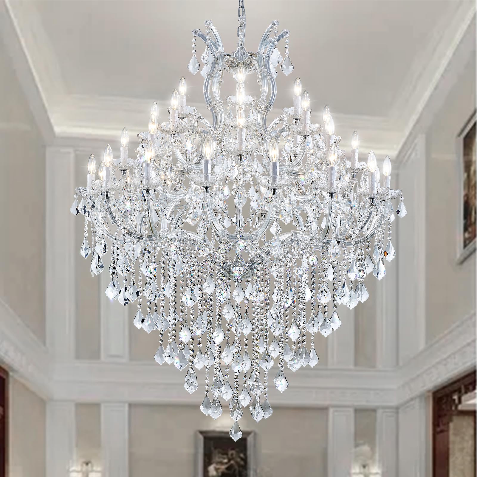 Large Gold Chandelier Light Fixtures - 36 Lights, 4 Layers Modern Crystal Chandeliers for Hotel, Lobby, Foyer, Entrance Hall, Staircase