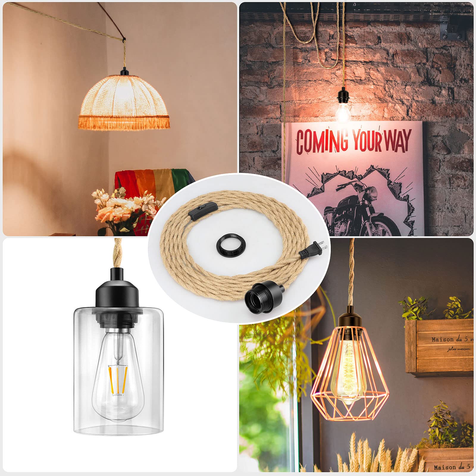 Plug in Pendant Light Cord, Farmhouse Hanging Lights with Plug in Cord, 15FT Hemp Rope Plug in Hanging Light Cord Kit with On/Off Switch, E26 E27 Light Socket Cord for Hanging Light