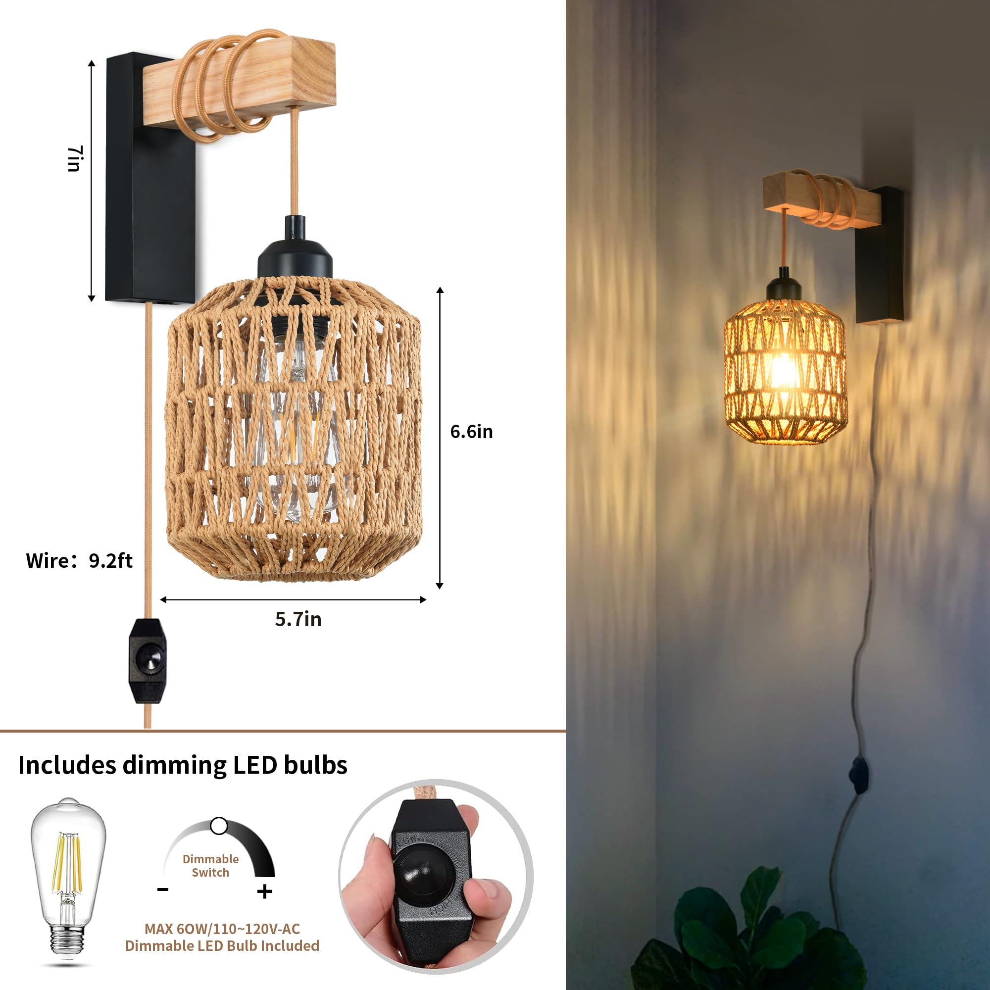 Rattan Plug in Wall Sconces Set of Two,Wicker Wall Lamp with Plug in Cord Hand Woven Rattan Plug in Wall Lamp Rustic Wall Lighting Boho Wall Sconces for Living Room Bedroom