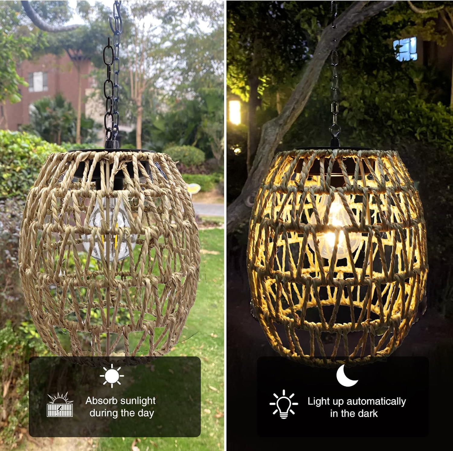 Battery Operated Outdoor Hanging Light Seagrass Woven Waterproof Porch Gazebo Patio Pendant Lantern Chandelier Lighting Decorative Hollow-Out Auto On/Off Warm White Bulb