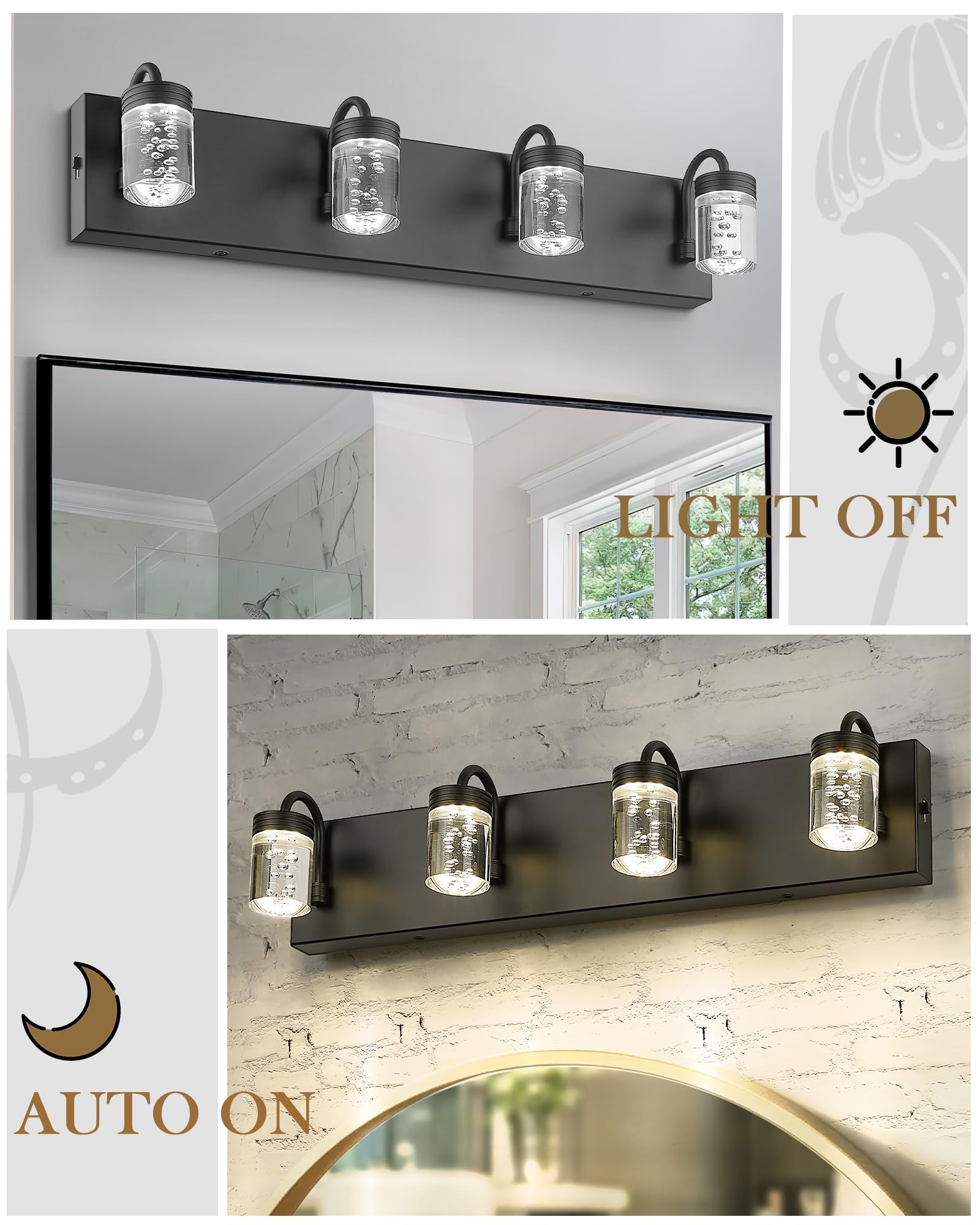 4 Lights Dimmable Crystal LED Vanity Light, Modern Matte Black Bathroom Light Fixtures 16W 3000/4000/5000K, LMS-193