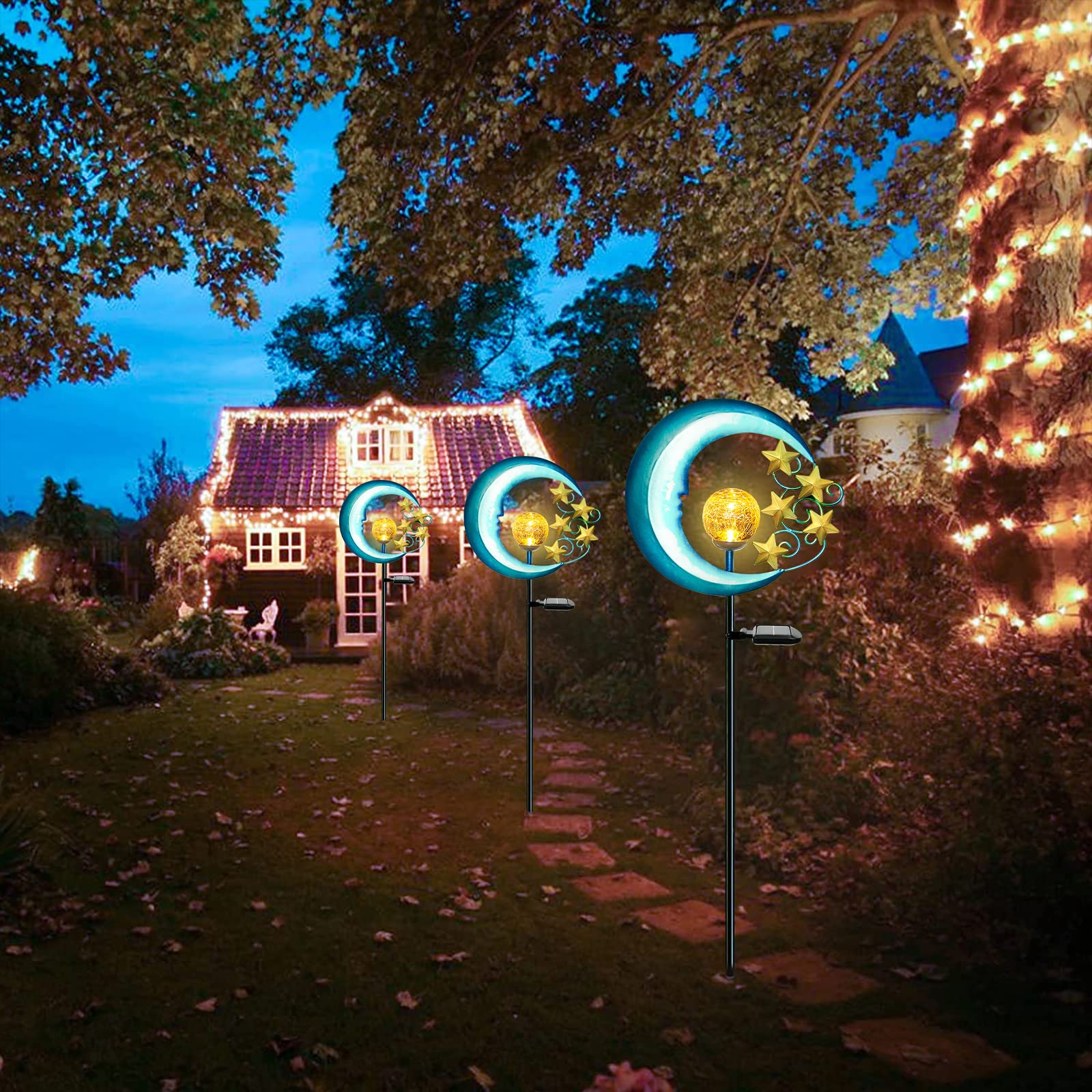 Solar Outdoor Garden Lights - Solar Powered Pathway Lights Outdoor Decorative Lights Waterproof Crackle Glass Globe Led Landscape Lighting for Pathway,Yard,Lawn,Patio Stars Moon