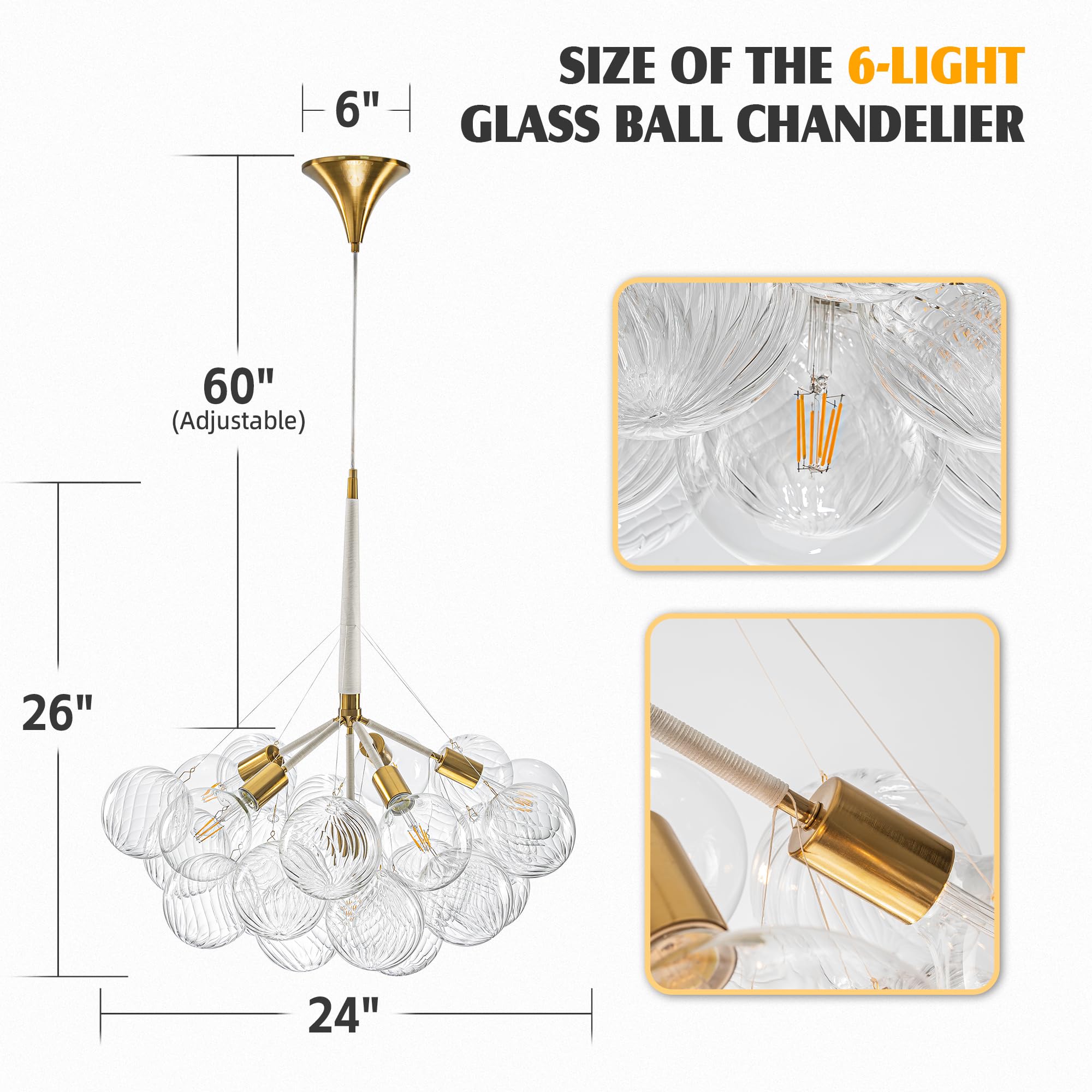 Semi Flush Mount Ceiling Bubble Ball Chandelier Lighting Dia 20 Inch Gold Clear Ribbed Blown Glass Chandeliers Ceiling Medallions Light Fixtures for Bedroom, Living Room, Entry, Bathroom