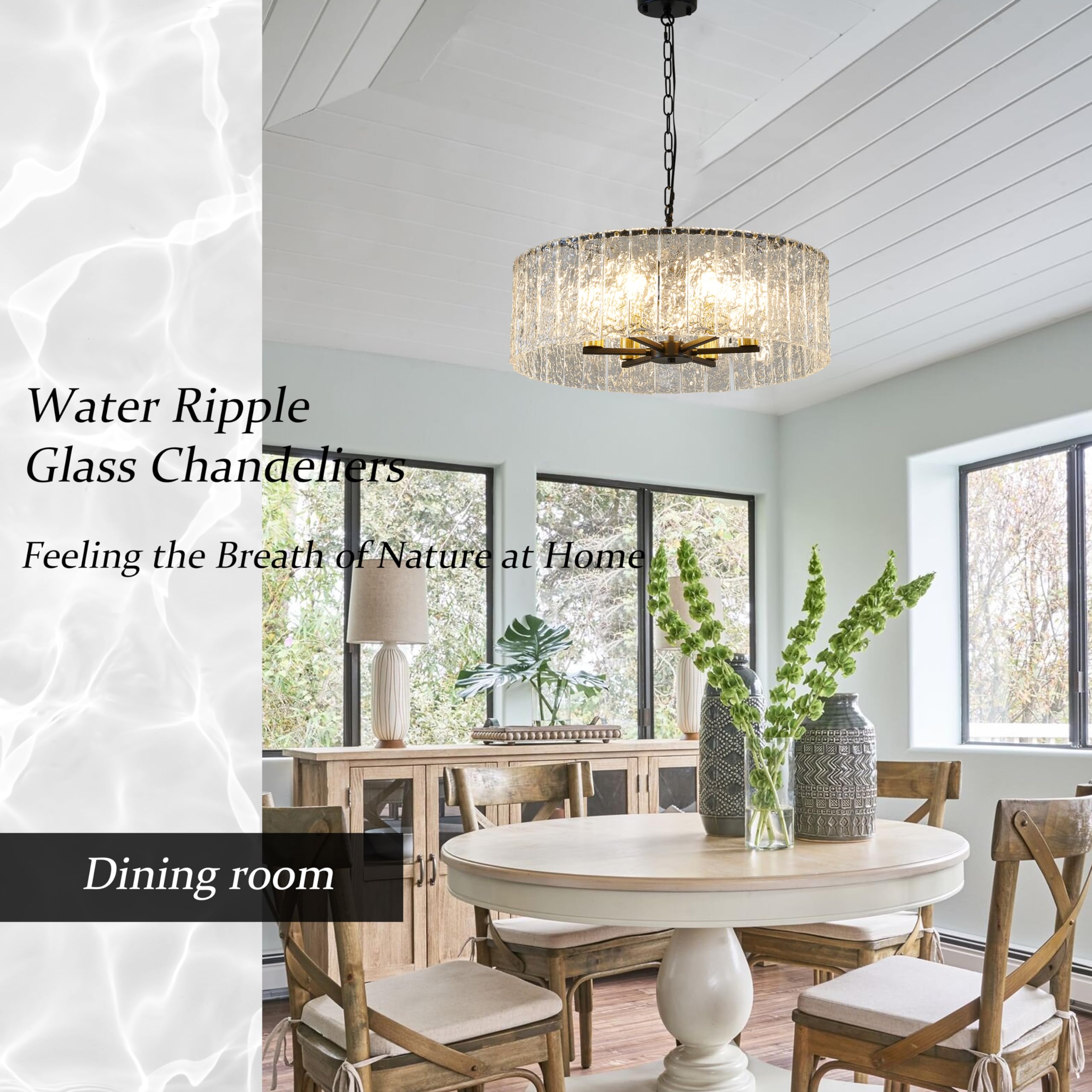 23.8” Modern Crystal Chandeliers for Dining Room 6-Light, Luxury Water Ripple Glass Chandelier Over Table, Black Round Light Fixture Farmhouse for Dining Room Foyer Living Room Bedroom