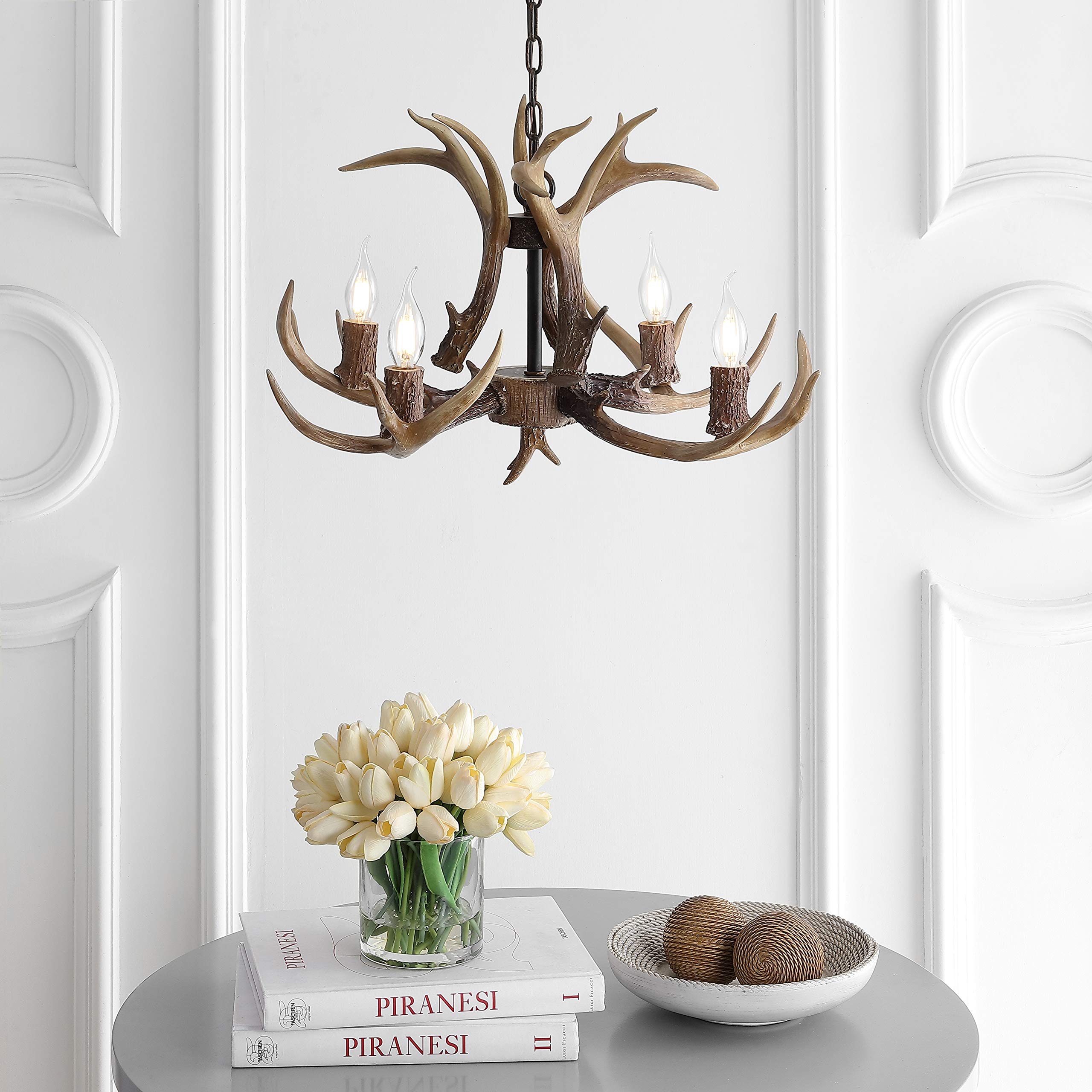 30" Adjustable Resin Antler 5-Light LED Chandelier, Glam, Rustic,Cottage,Transitional, Dimmable Dining Room, Living Room, Kitchen, Foyer, Bedroom, White