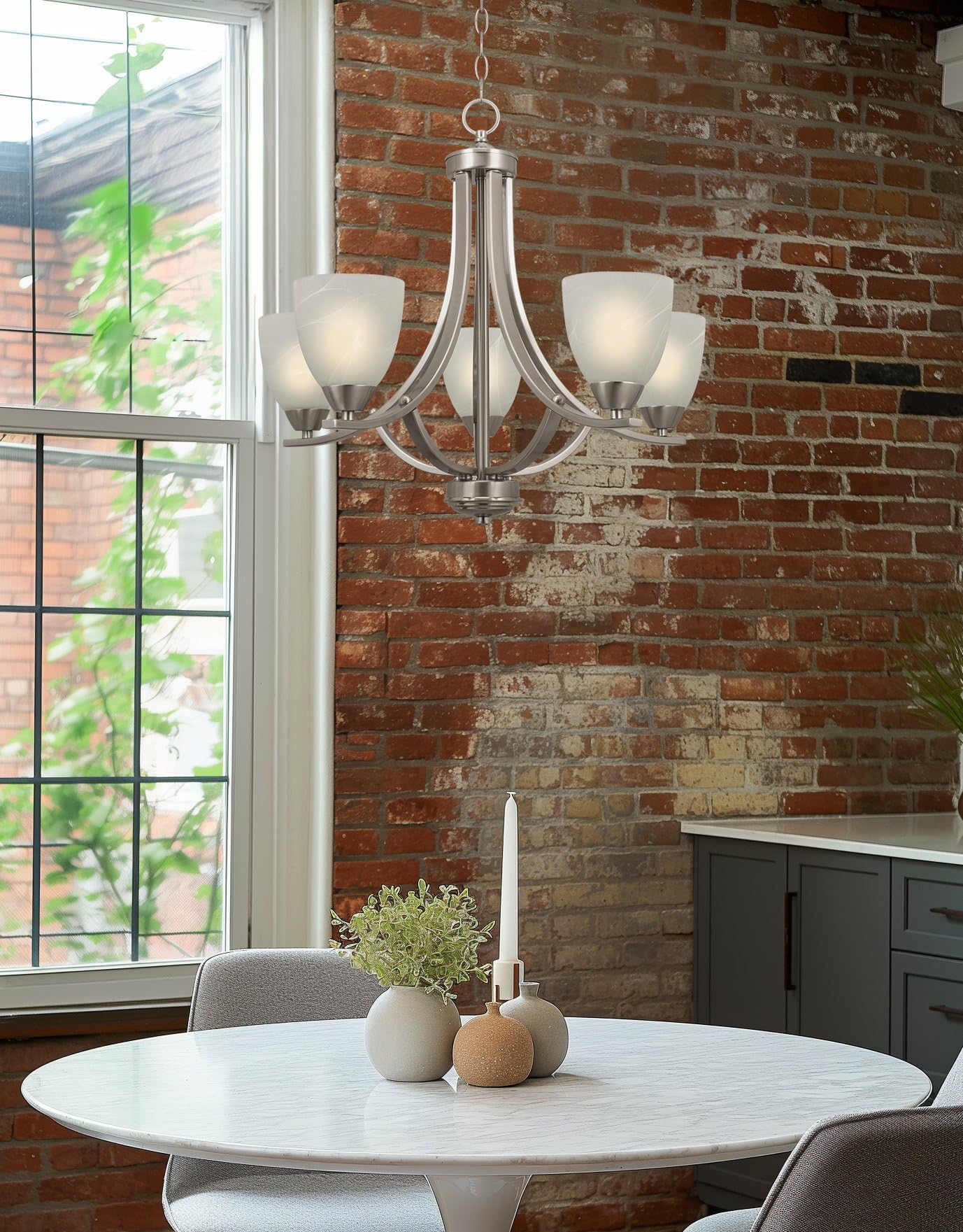 24" Contemporary 5-Light Large Chandelier + Alabaster Glass Shades, Adjustable Chain, Brushed Nickel Finish