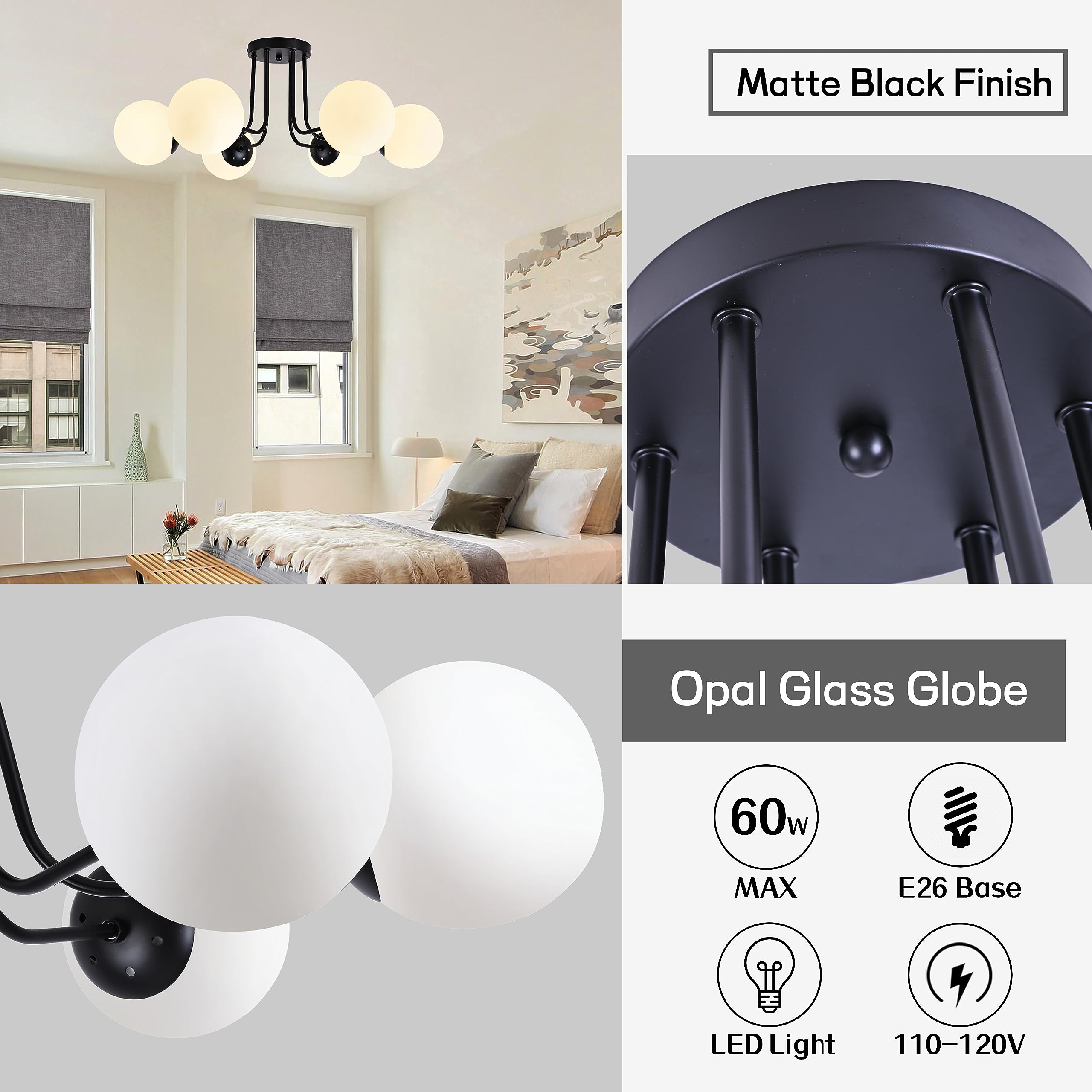 KoKo&Yukina 3-Light Semi Flush Mount Ceiling Light Globe Ceiling Light Mid Century Ceiling Light with Opal Milk Glass Globe & Brushed Brass for Bedroom Hallway Entryway Kitchen Living Room-Bulb Incl