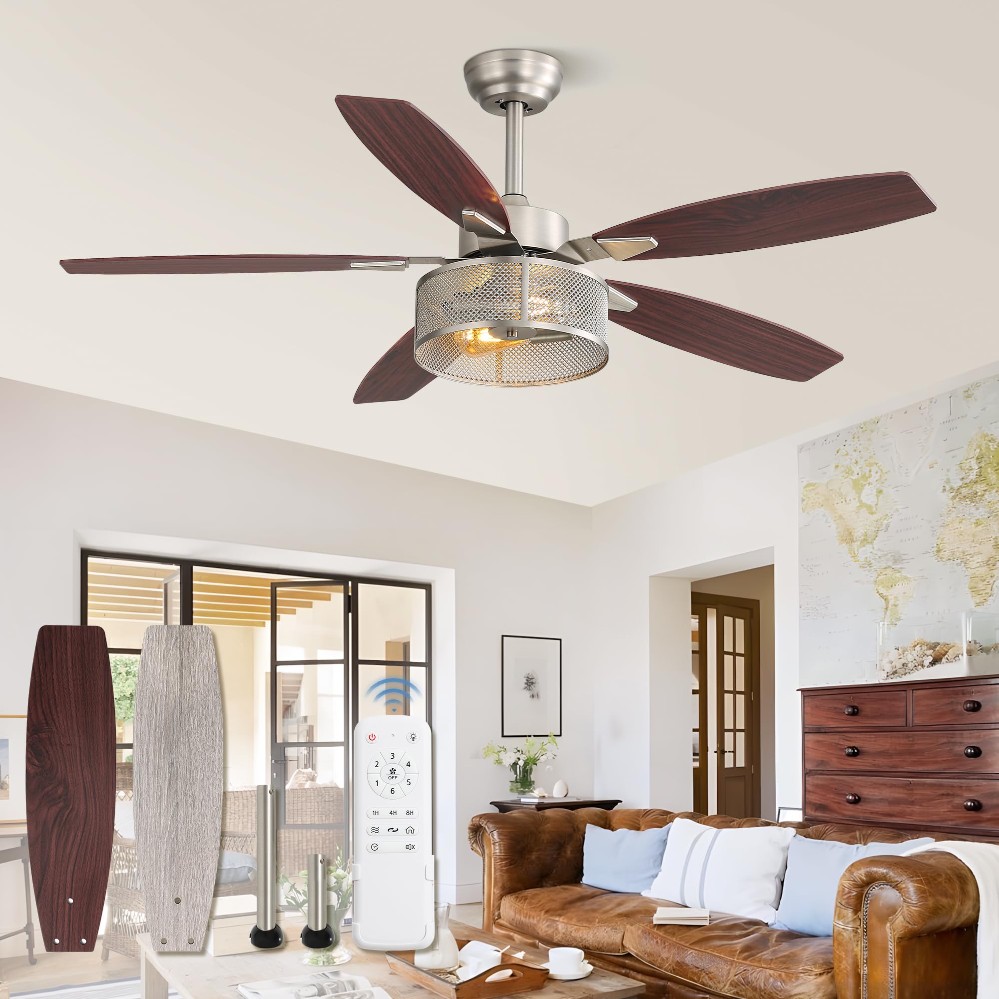 Farmhouse Ceiling Fans with Lights and Remote, 52 Inch Black Industrial Caged Ceiling Fans for Bedroom Living Room Kitchen, 6 Speed Reversible Quiet DC Motor, Dual Finish 5 Blades