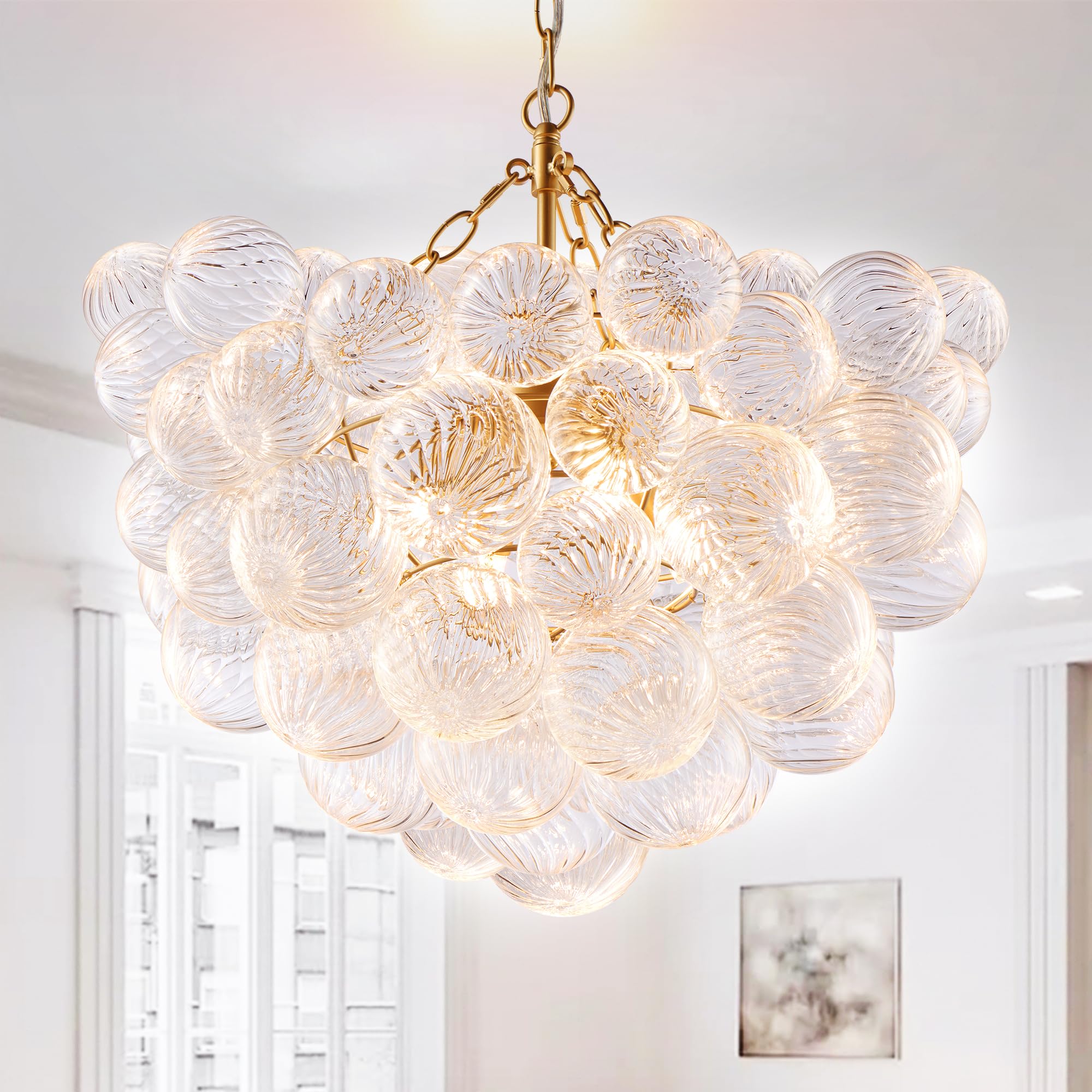 Semi Flush Mount Ceiling Bubble Ball Chandelier Lighting Dia 20 Inch Gold Clear Ribbed Blown Glass Chandeliers Ceiling Medallions Light Fixtures for Bedroom, Living Room, Entry, Bathroom