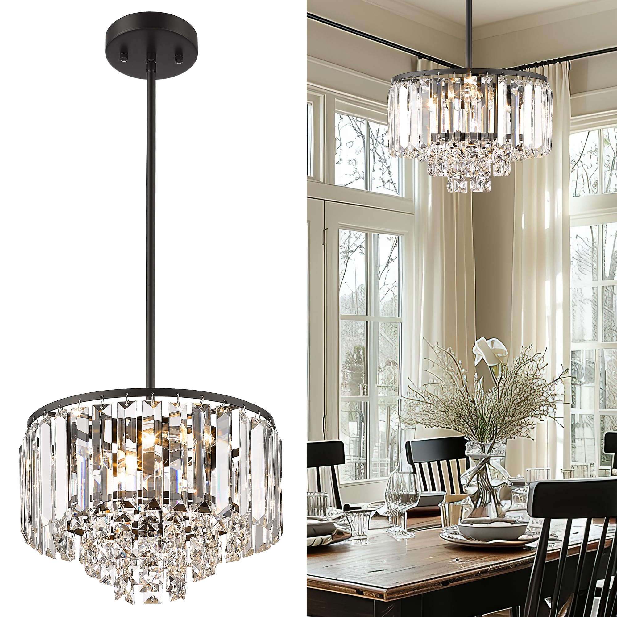 4-Tier Crystal Chandelier, Modern Black Chandelier, 3-Light Pendant Light for Dinning Room Kitchen Island Bedroom Entryway, CC4215-3W-BK