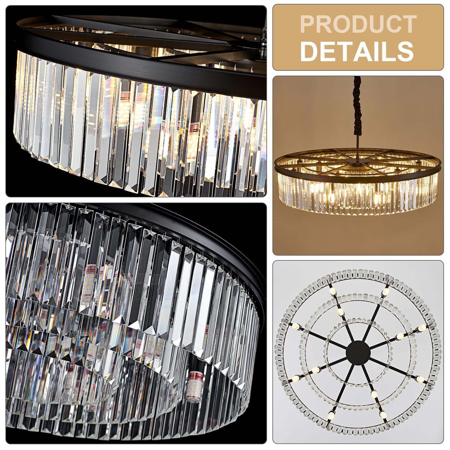 23" 8-Light Modern Crystal Chandelier Light Fixtures 2 Rings Gold Luxury Chandeliers for Dining Room Round Hanging Pendant Lighting for Living Room Kitchen Entryway Bedroom