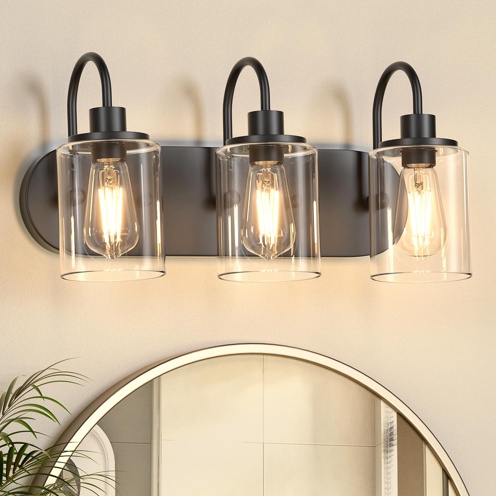 3-Light Bathroom Light Fixtures, Black Vanity Light Farmhouse Wall Sconces with Clear Glass Shade, Modern Bathroom Wall Lamp for Mirror Bedroom Hallway Living Room Cabinet