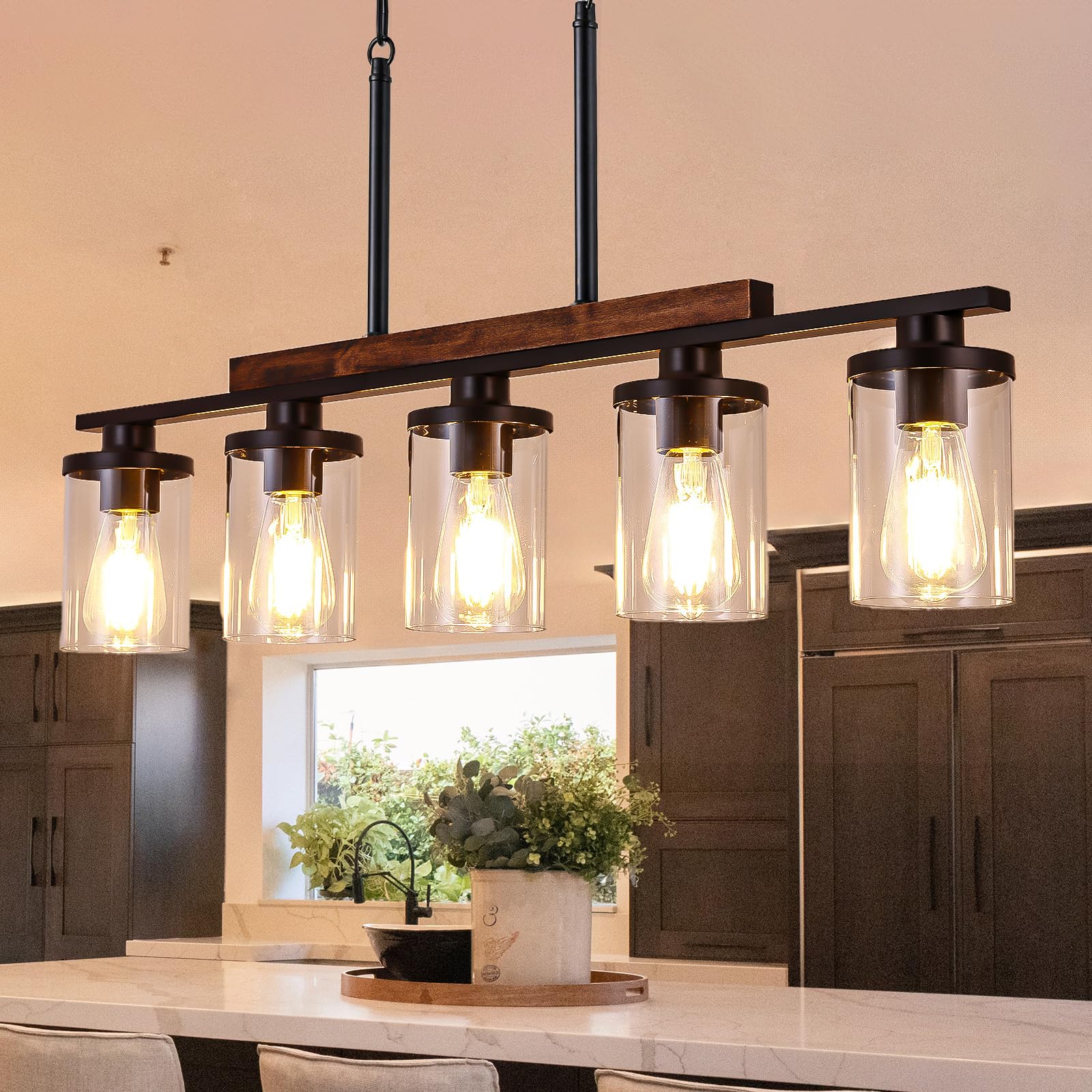 Dining Room Light Fixture Over Table, 5-Light Linear Farmhouse Chandelier Pendant Lighting for Kitchen Island Dining Room with Glass Shade, Black Metal and Wood Finish