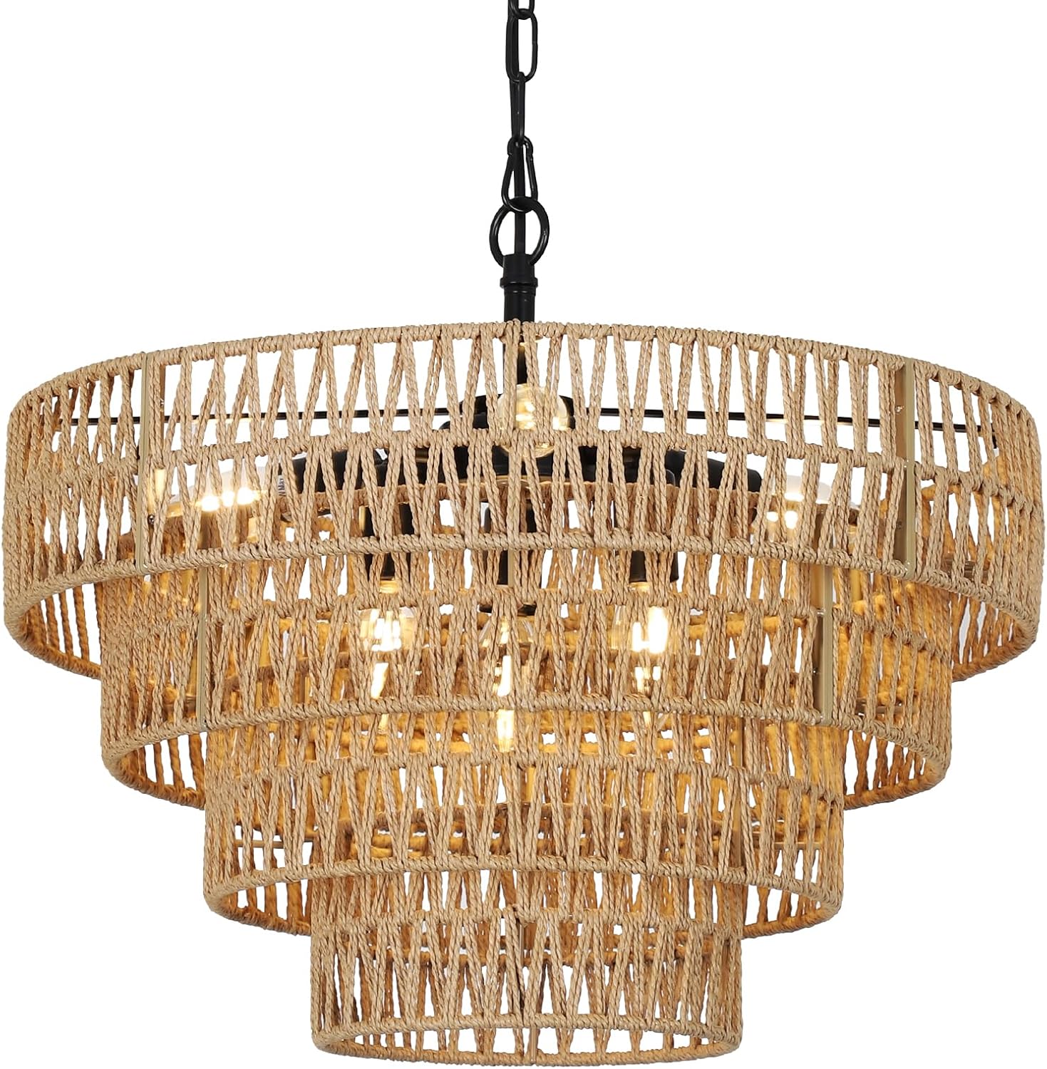 Boho Rattan Chandelier, 6-Light Dining Room Light Fixture, Wicker Pendant Lighting with 4-Tier Woven Lampshade, Large Farmhouse Chandeliers for Dining Room Bedroom Kitchen Living Room(20")