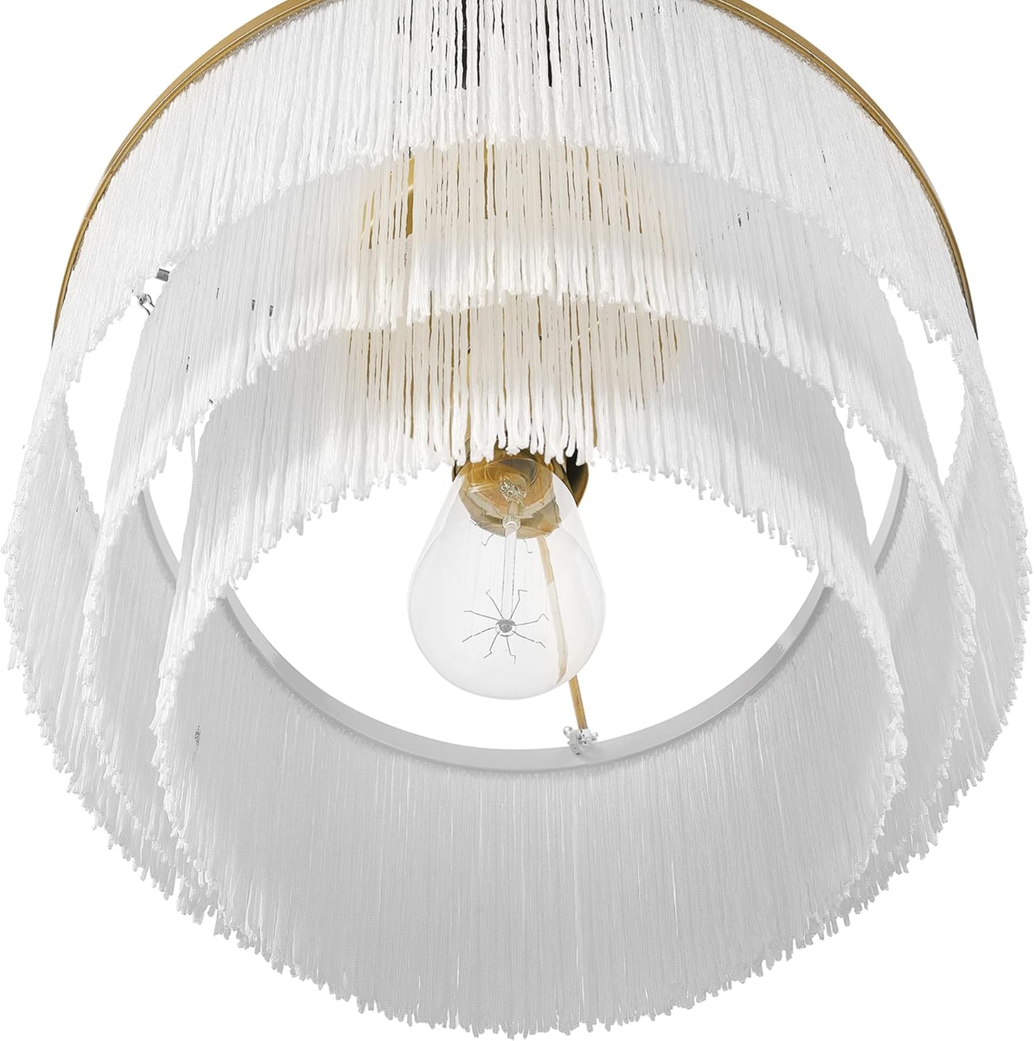 Globe Electric 65892 1-Light Flush Mount Ceiling Light, Matte Gold, White Fabric Fringe Shade, Bulb Not Included