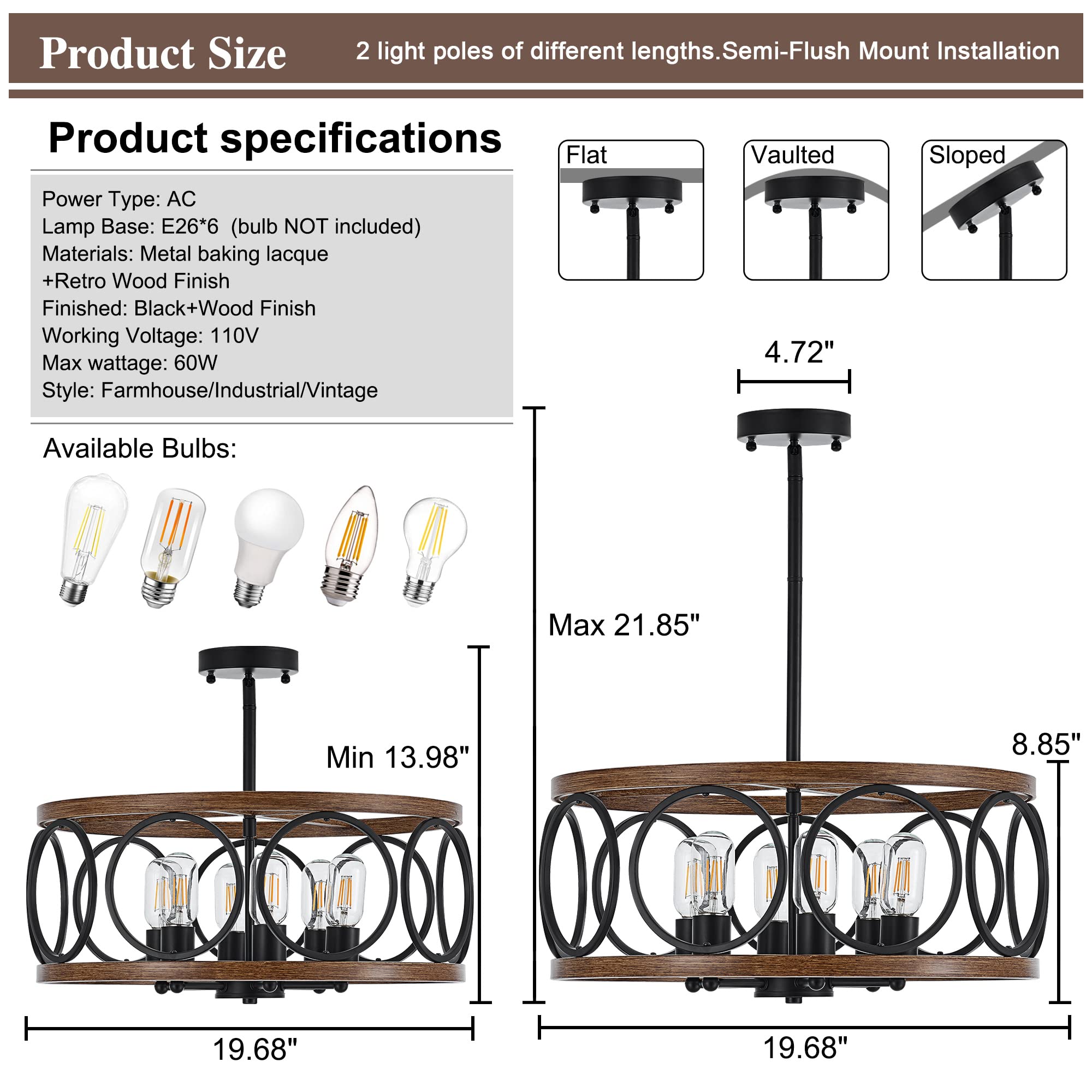 6-Light Farmhouse Wood Pendant Light,22.83'' Vintage Rustic Brown Oak Wood Chandeliers,Retro Industrial Hanging Light Fixtures for Dining Room Entryway, Bedroom