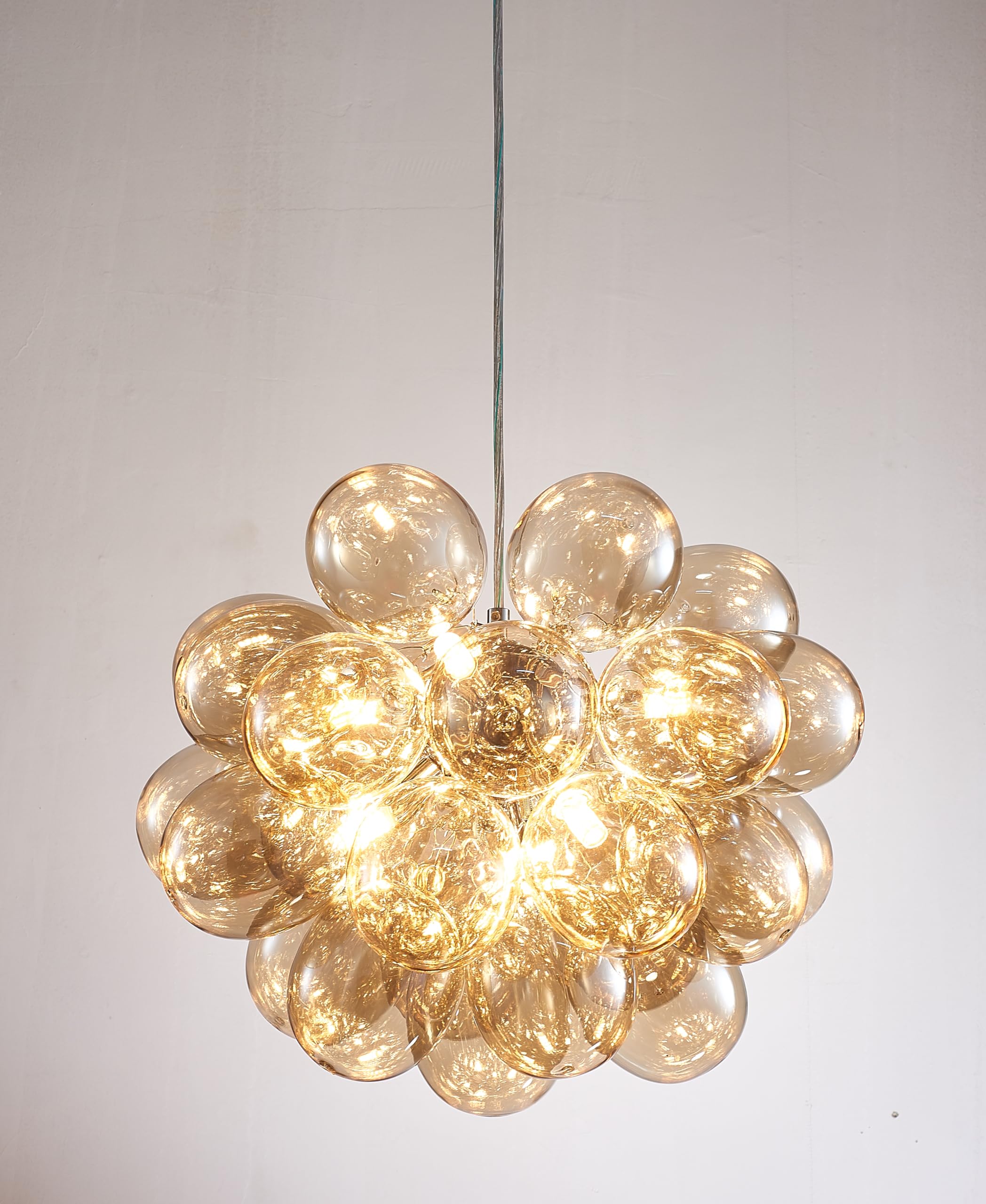 Semi Flush Mount Ceiling Bubble Ball Chandelier Lighting Dia 20 Inch Gold Clear Ribbed Blown Glass Chandeliers Ceiling Medallions Light Fixtures for Bedroom, Living Room, Entry, Bathroom