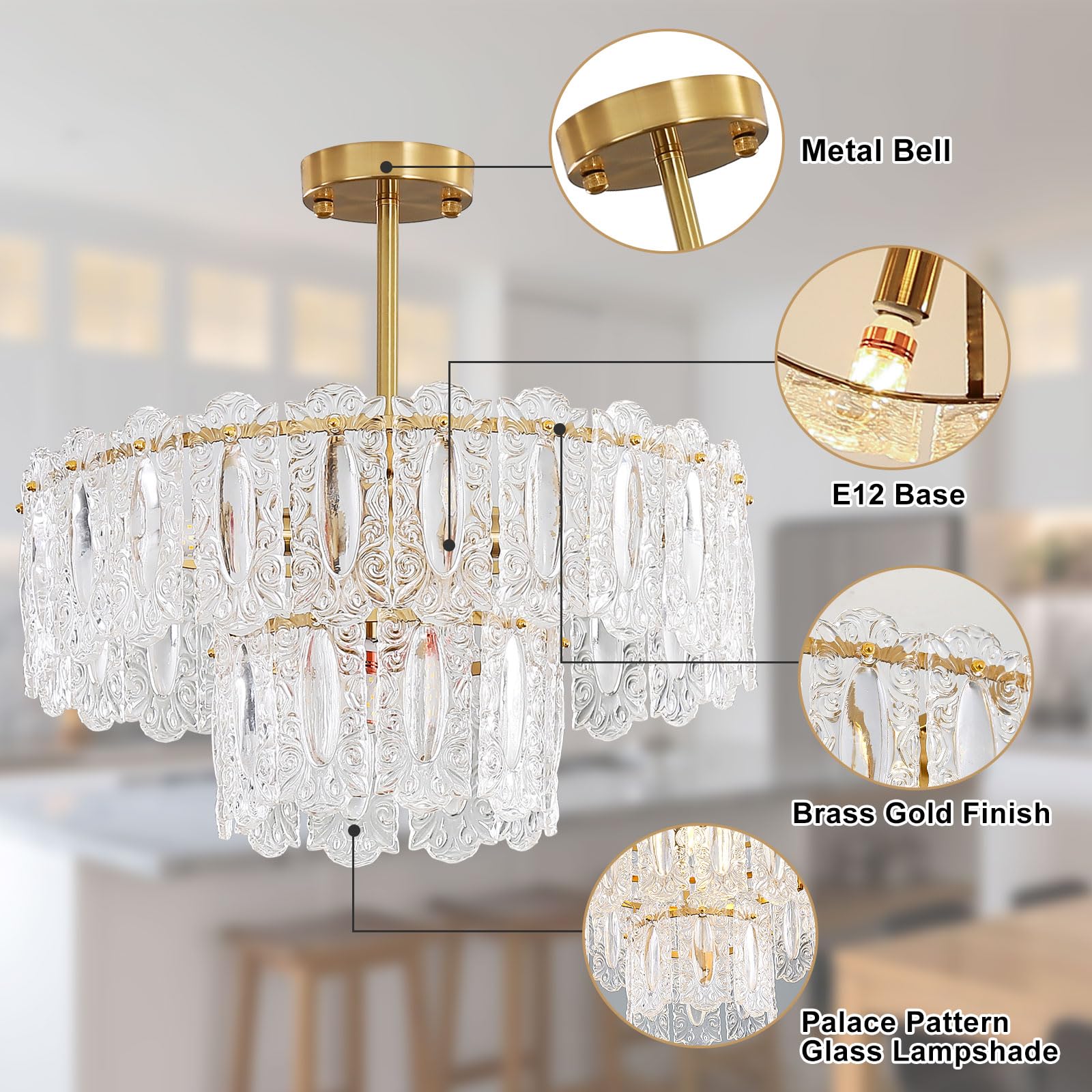 Wansi Modern Crystal Chandeliers for Bedroom: 24" Gold Crystal Hanging Ceiling Light Fixture with 3 Tiers French Glass Lampshade - Semi Flush Mount Chandelier for Dining Room Kitchen Included Bulbs