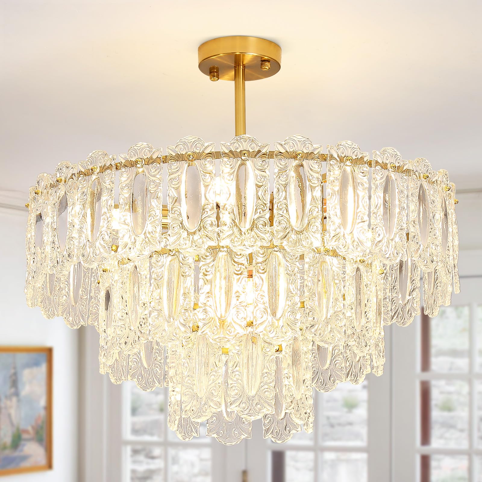 Wansi Modern Crystal Chandeliers for Bedroom: 24" Gold Crystal Hanging Ceiling Light Fixture with 3 Tiers French Glass Lampshade - Semi Flush Mount Chandelier for Dining Room Kitchen Included Bulbs