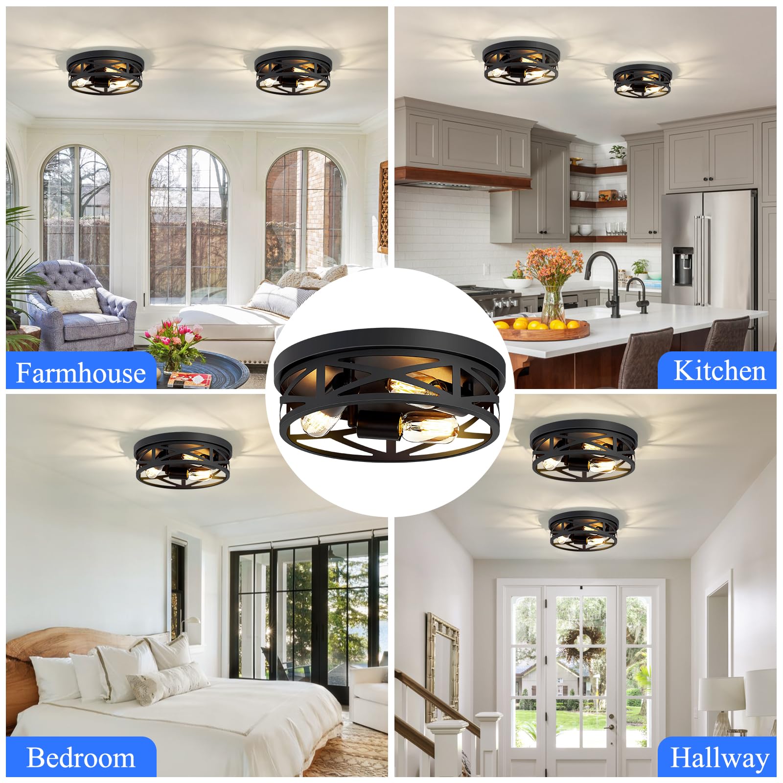 Flush Mount Ceiling Light Fixture,3-Light Ceiling Light Fixture for Hallway, Black Hallway Light Fixtures Ceiling,Light Fixtures Ceiling Mount for Kitchen,Farmhouse,Hall (1 Pack) (13.1inch)