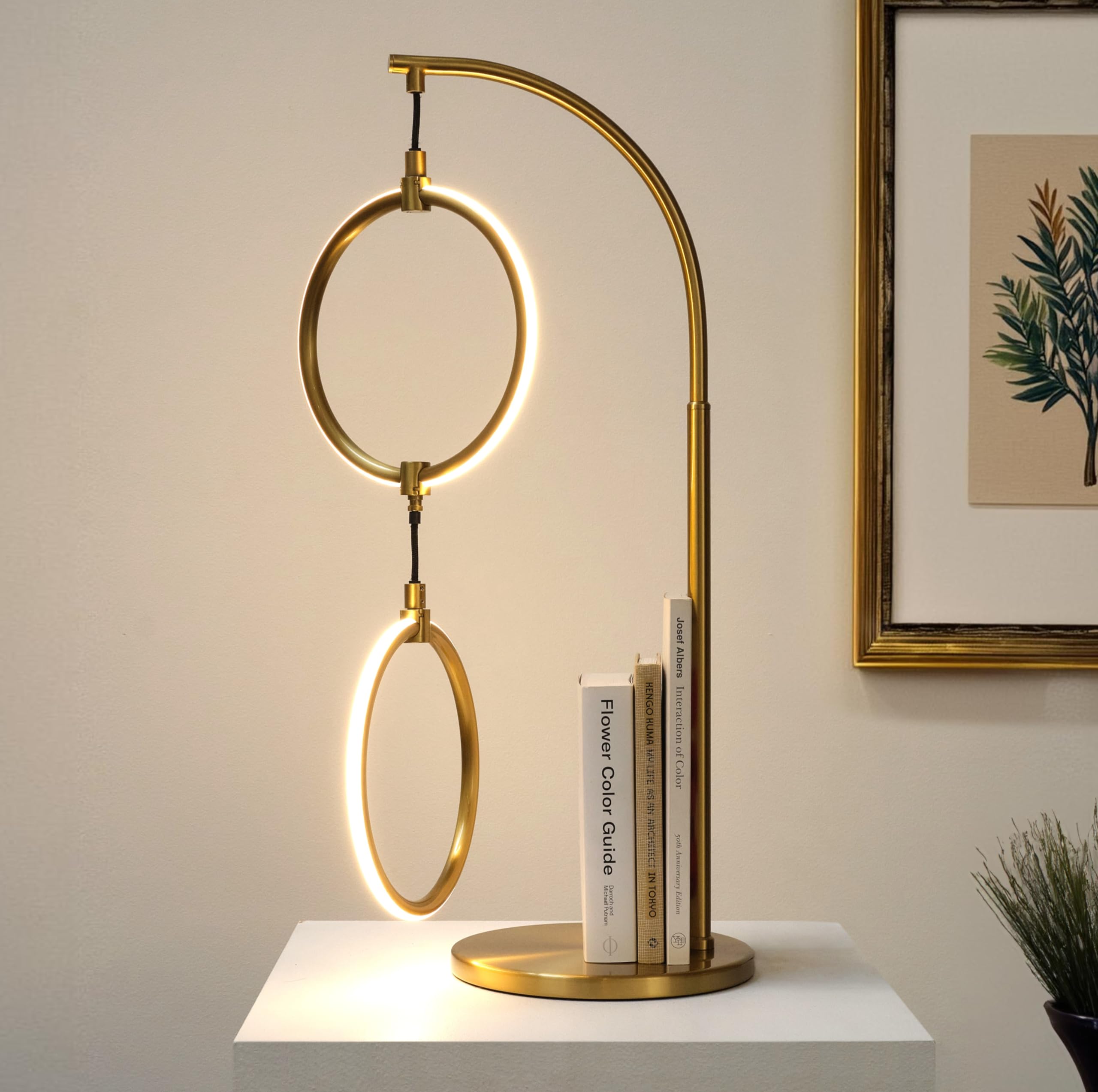 Modern Table Lamp - Contemporary Arc Desk Lamp with 2-Circle Ring-Style Pendant - Alexa Compatible Nightstand Beside The Couch Lamp with Arching Pole Matches Living Room Décor - Brass