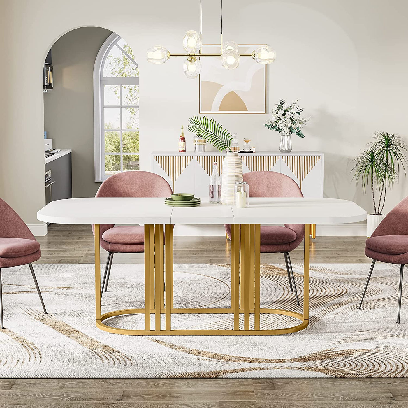 Mesa de comedor redonda moderna Lucien | Mesas de cocina y comedor de 71 pulgadas con forma ovalada de imitación de mármol para 6 personas