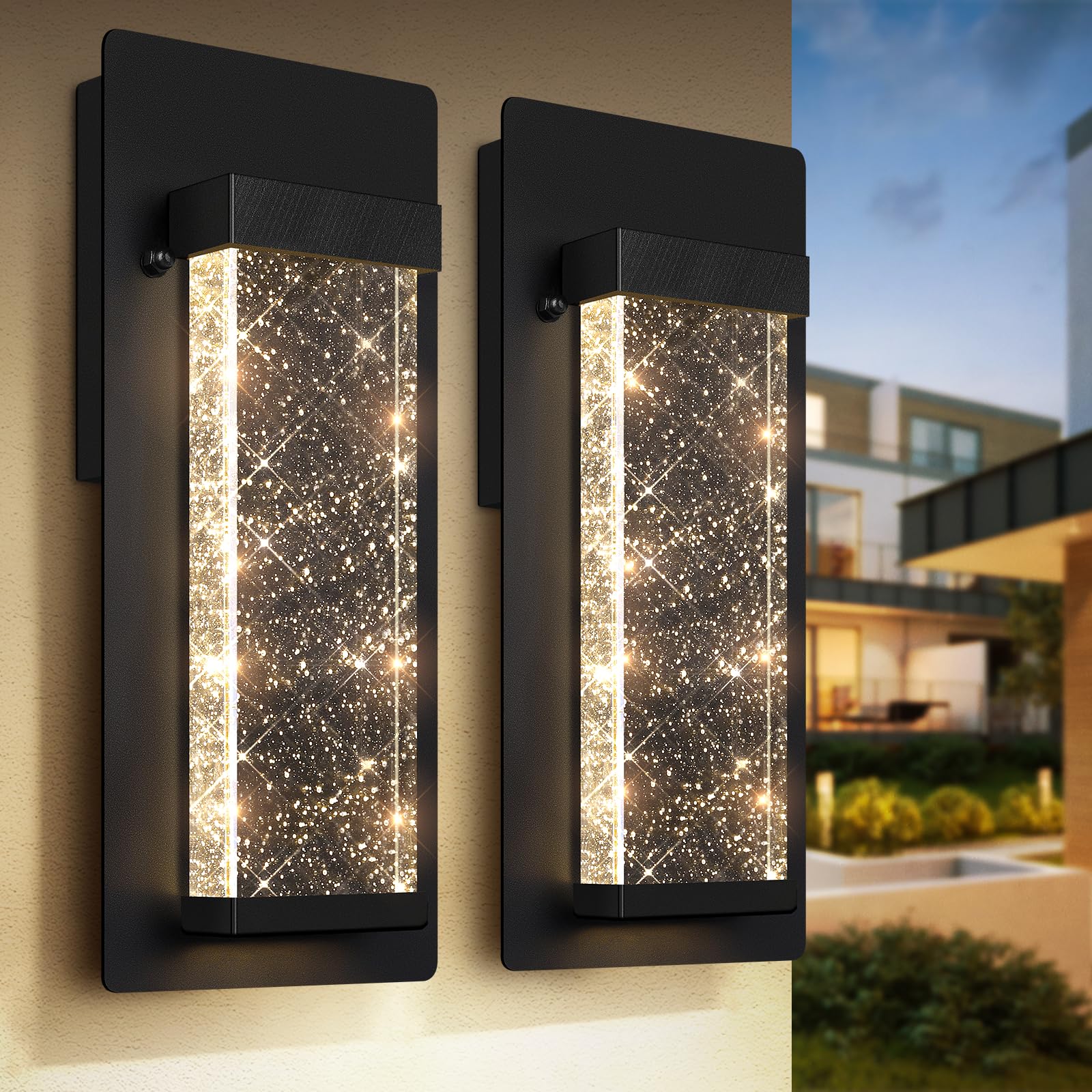 Outdoor Wall Light Fixtures with Crystal Bubble Glass, Waterproof Exterior Sconces LED Wall Lanterns, Porch Lights Wall Mounted 10W 3000K Outside Lights for House Front Door Garage Entryway