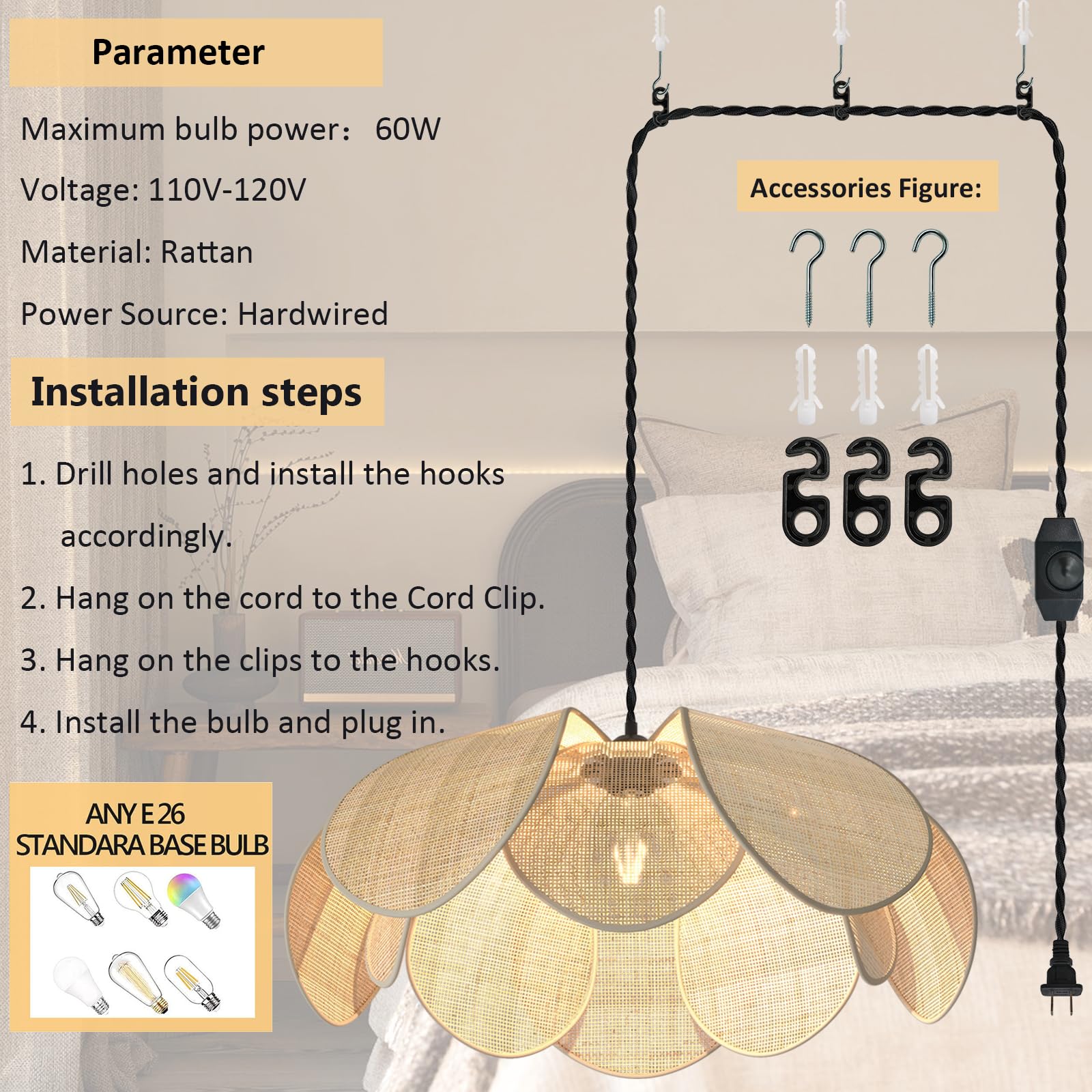 Plug in Pendant Light Rattan Hanging Lamp with Dimmable Switch,15ft Hemp Rope Cord Handwoven Boho Rattan Lampshade Hanging Light Fixture with Plug in Light Fixture forKitchen Island DiningRoom