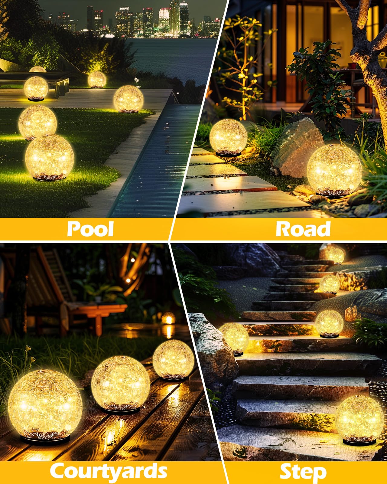 Garden Solar Ball Lights Outdoor Waterproof, 50 LED Cracked Glass Globe Solar Power Ground Lights for Path Yard Patio Lawn, Christmas Decoration Landscape Warm White(2 Pack 4.7'')