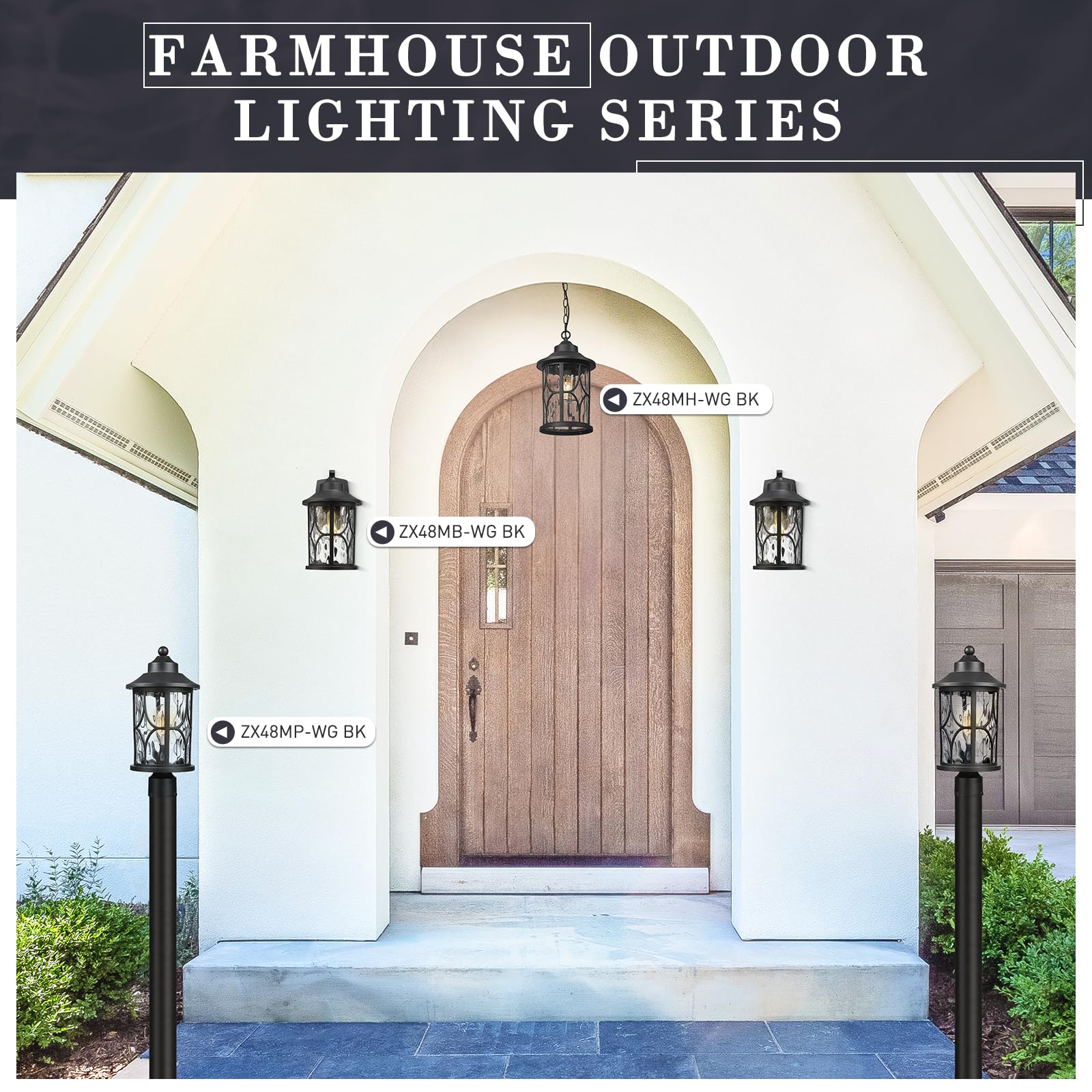 Outdoor Pendant Light for Porch - 12 Inch Farmhouse Exterior Hanging Lantern with Seeded Glass, Black Finish, ZX48H BK