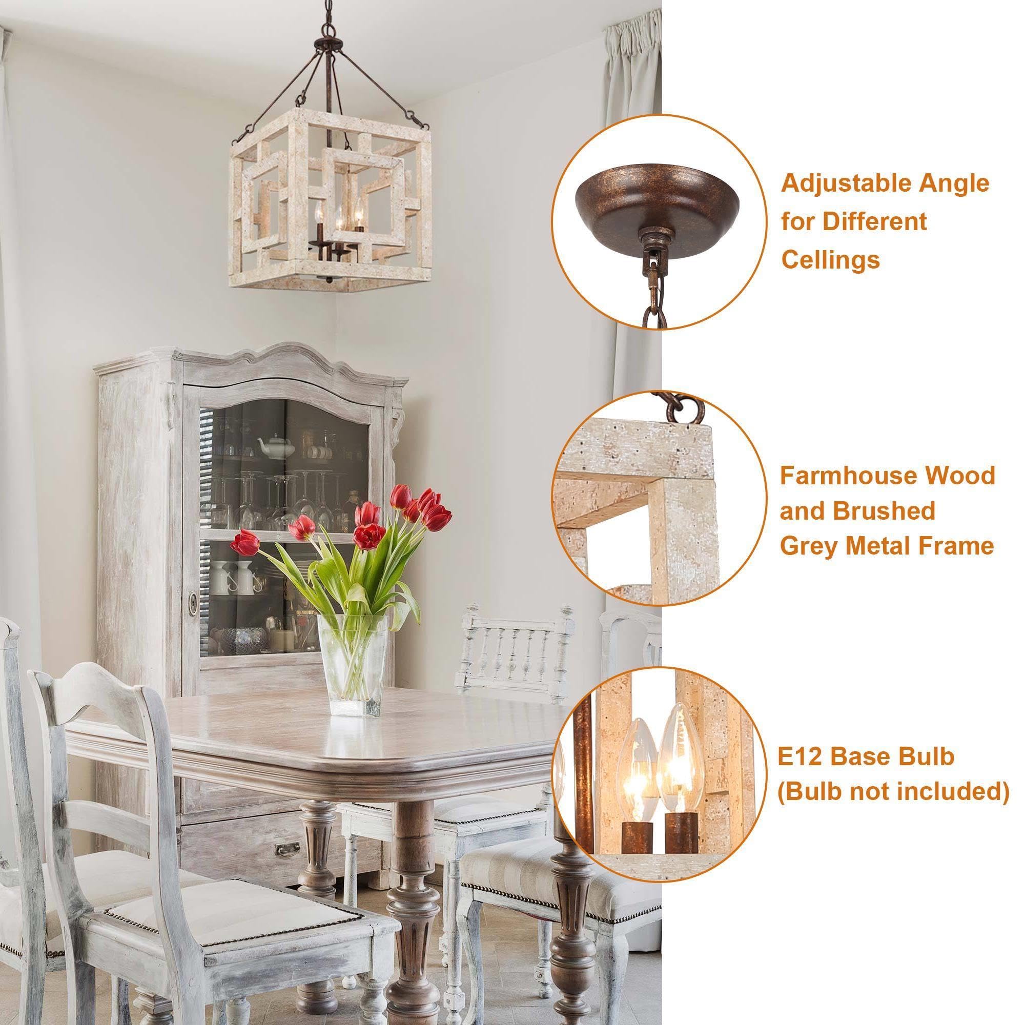 Farmhouse Chandelier, 4-Light Rustic Wood Cage Dining Room Chandelier Over Table, Wooden Square Chandeliers Hanging Light Fixture for Bedrooms, Kitchen Island, Entryway, Foyer