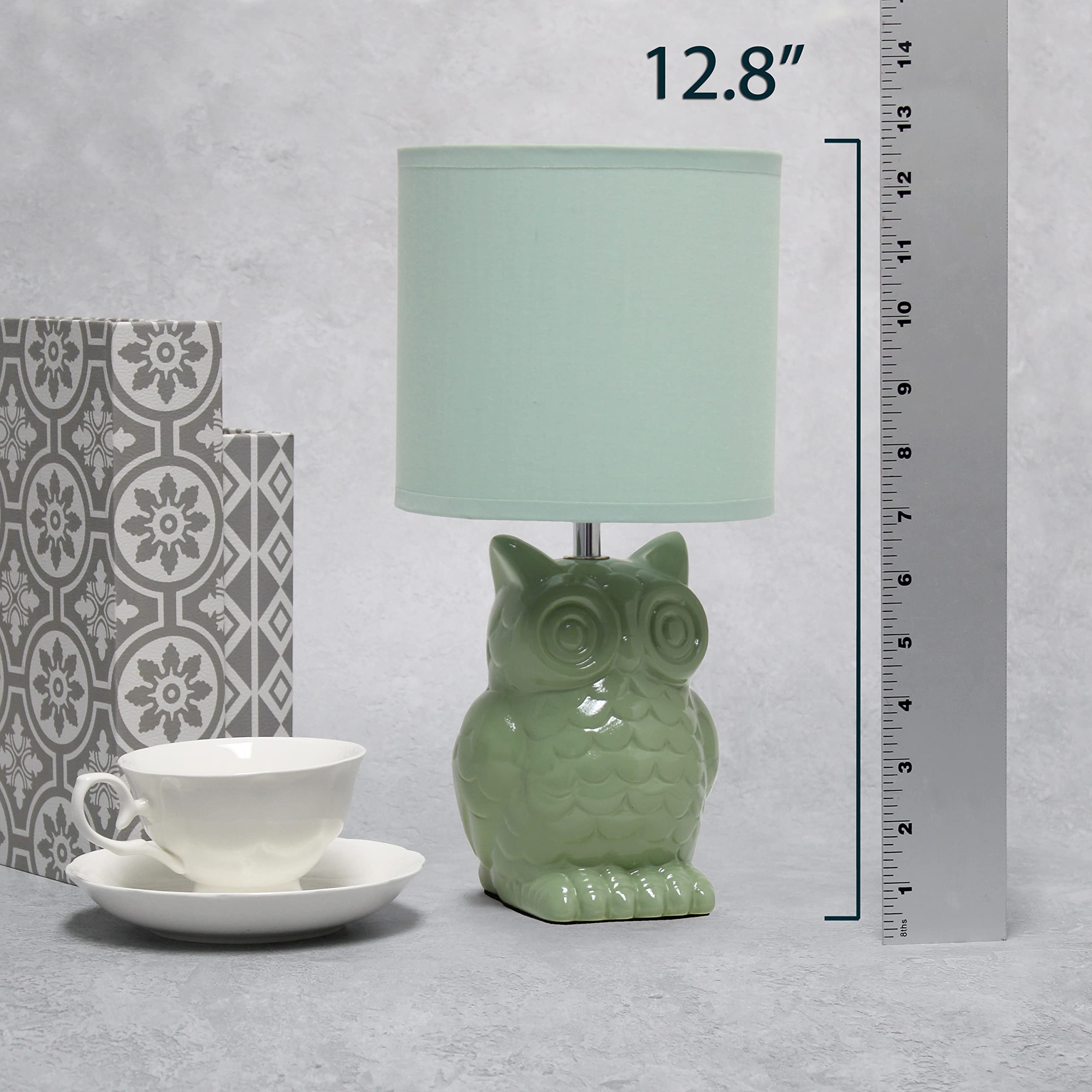 12.8" Tall Contemporary Ceramic Owl Bedside Table Desk Lamp w Matching Fabric Shade for Decor, Bedroom, Nightstand, Living Room, Entryway, Kids' Room, Nursery, Sage Green