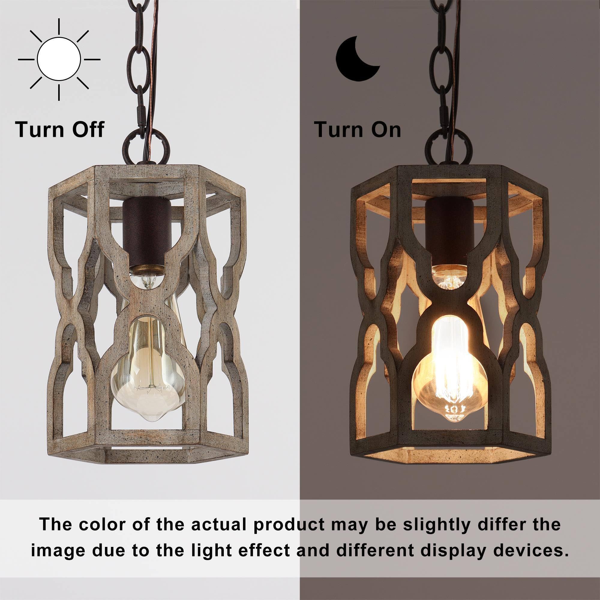 Farmhouse Pendant Light, Wood Rustic Cage Lantern Hanging Light Fixture for Kitchen Island, Foyer, Hallway, Bedroom and Entryway