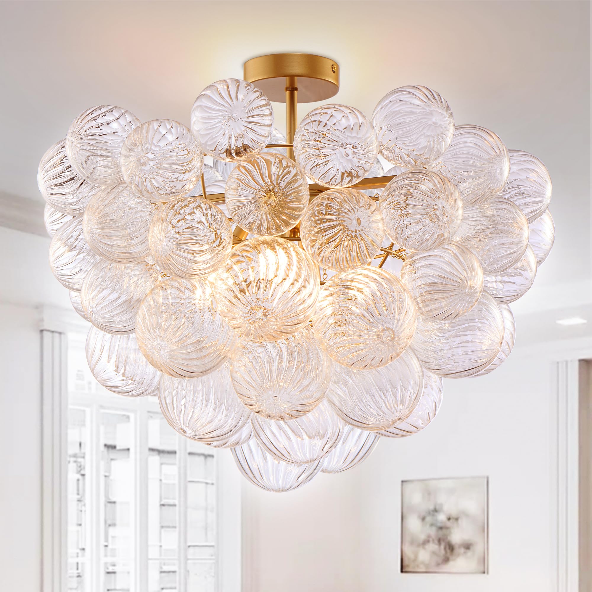 Semi Flush Mount Ceiling Bubble Ball Chandelier Lighting Dia 20 Inch Gold Clear Ribbed Blown Glass Chandeliers Ceiling Medallions Light Fixtures for Bedroom, Living Room, Entry, Bathroom