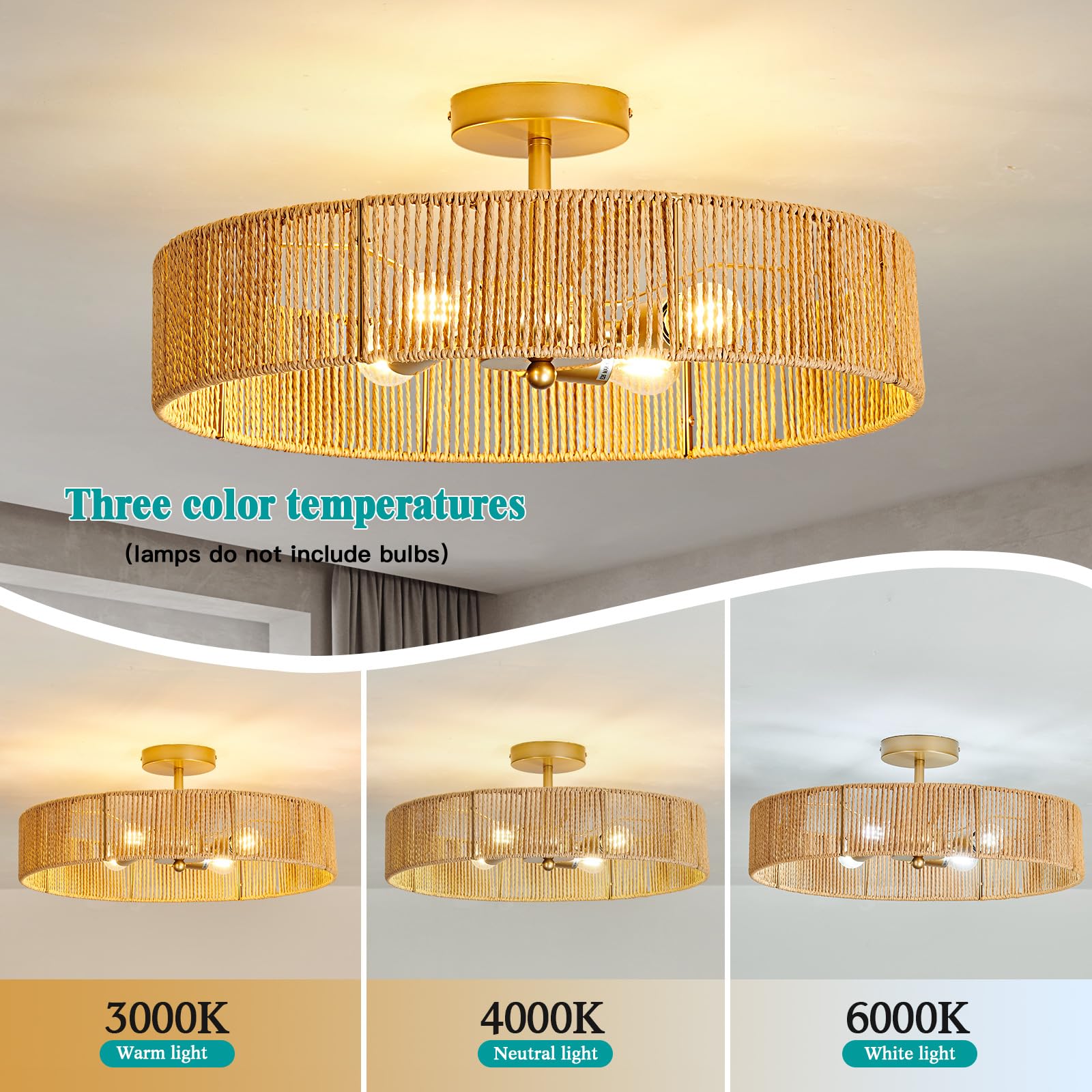 Boho Rattan Ceiling Light Fixture Vintage Gold Semi Flush Mount Ceiling Light 20 Inches Round 4 Light Chandelier for Farmhouse Hallway Bedroon Living Room Dining Room Kitchen Island