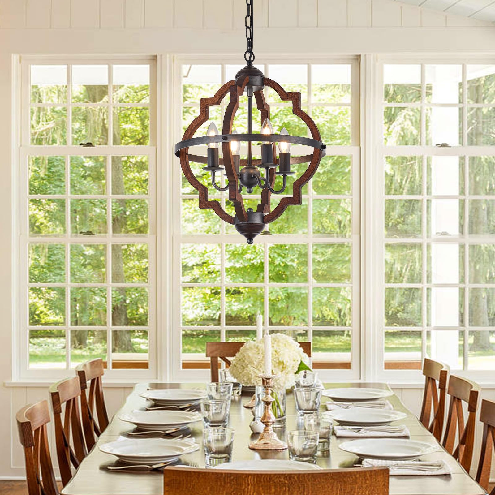 Wood Chandelier Light Fixture Antique Farmhouse 23.6" Caged Candle Style Ord Chandelier Industrial Rustic 6-Lights Wooden Chandelier for Dining Room, Kitchen, Living Room, Bedroom, E12