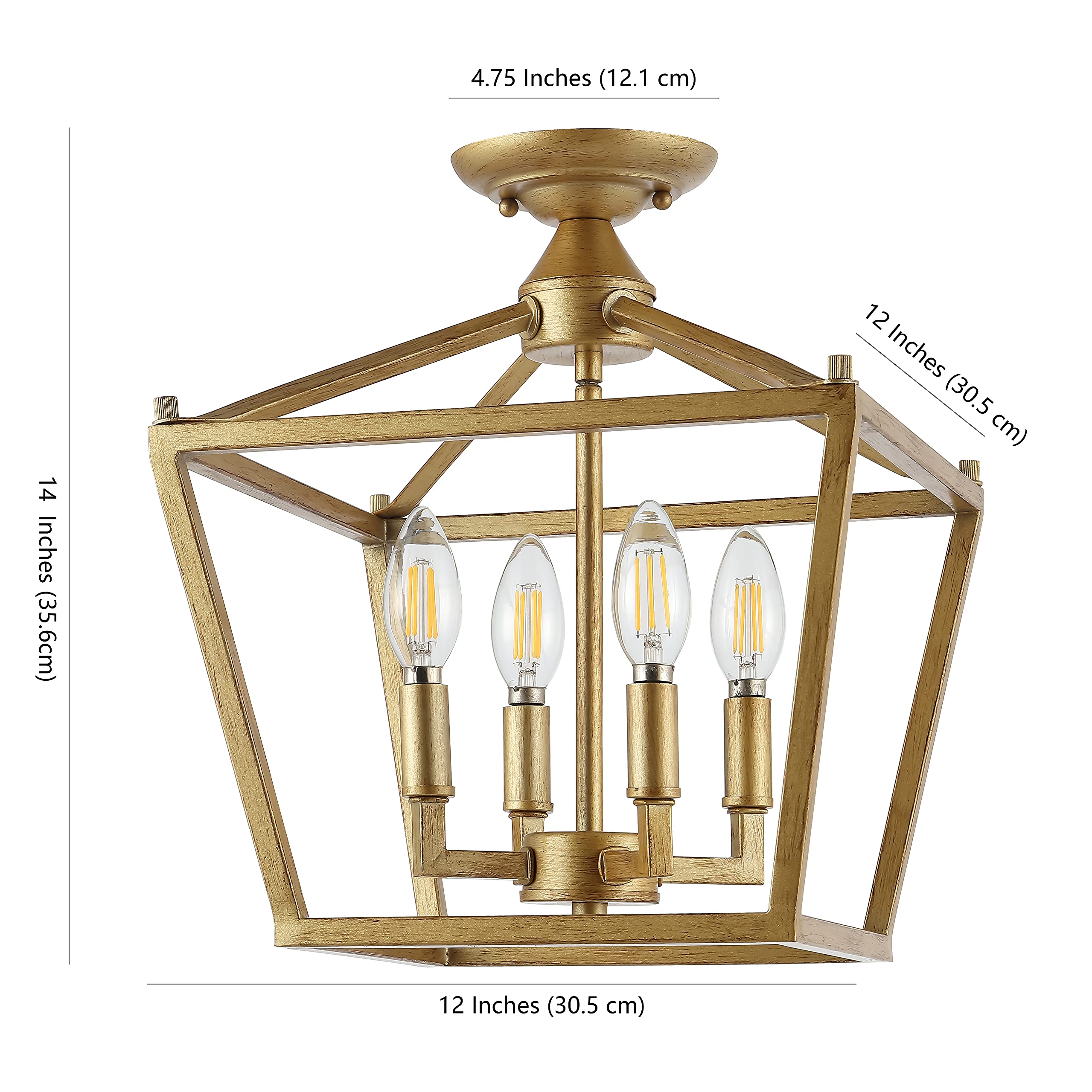 Mini Lantern 12" 4-Light Iron Modern Farmhouse LED Flush Mount, Rustic, Industrial, Dimmable, 2700K Cozy Warm Light Kitchen, Hallway, Bathroom, Stairwell, Brass Gold