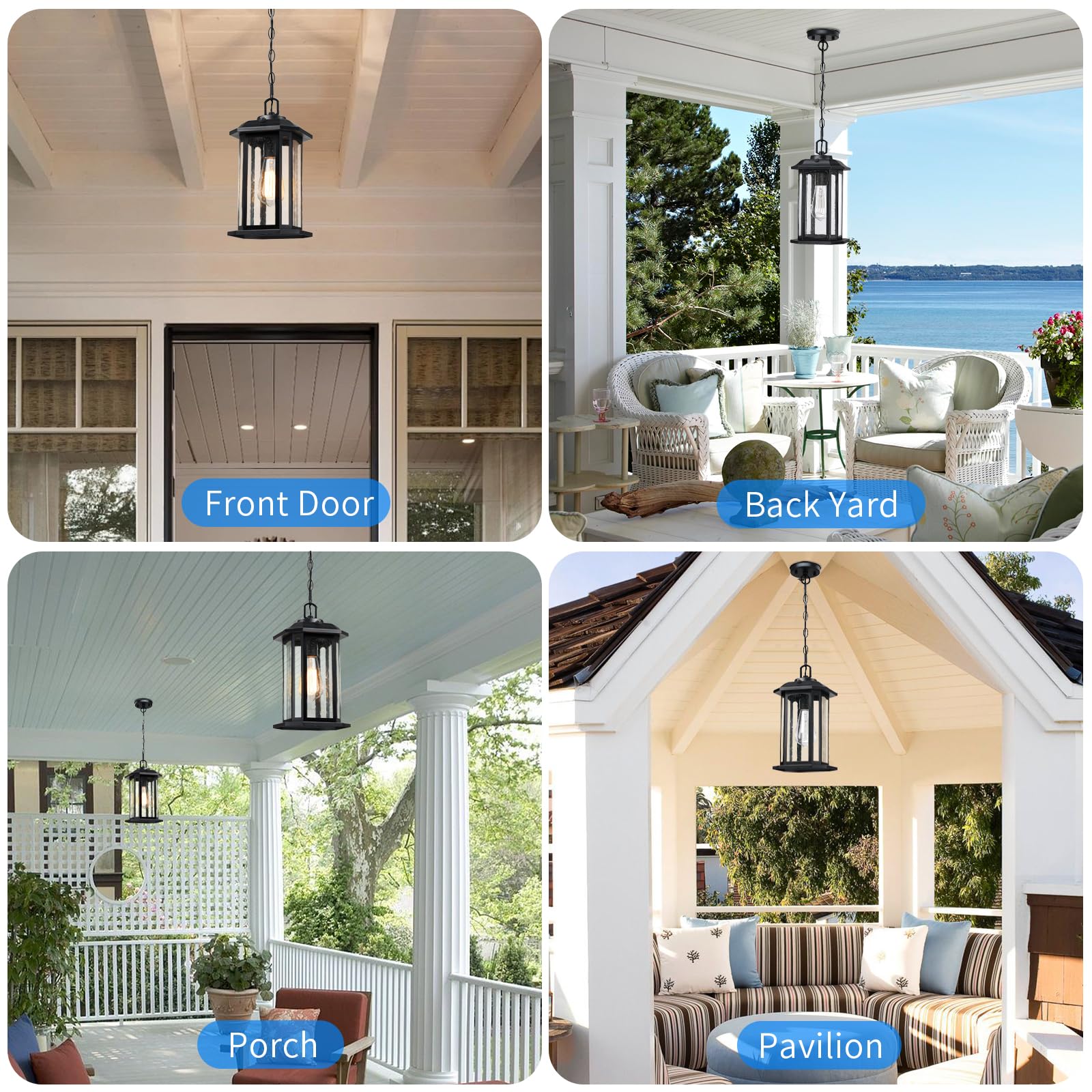 Outdoor Pendant Lights for Porch, Black Hanging Porch Light with Seeded Glass, Waterproof Outdoor Chandelier Farmhouse Outdoor Ceiling Light Fixture Lanterns, 1Pack