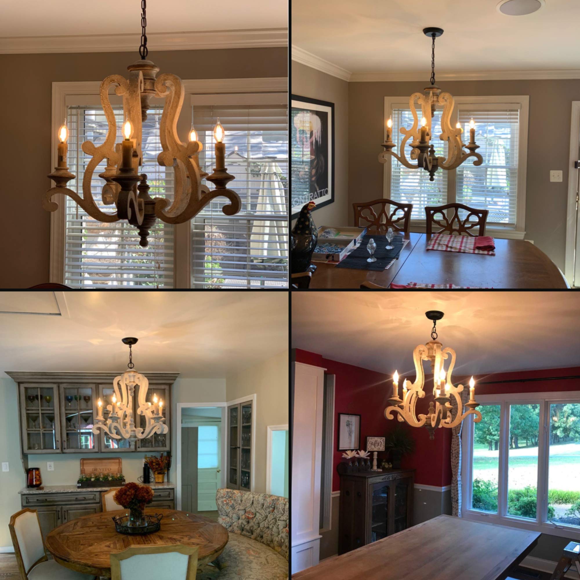 Cottage Wooden Chandelier, 6 Candle Light Farmhouse Chandelier, French Country Chandeleir with Adjustable Chain for Dining Room, Kitchen,Bedroom, Foyer and Entryway