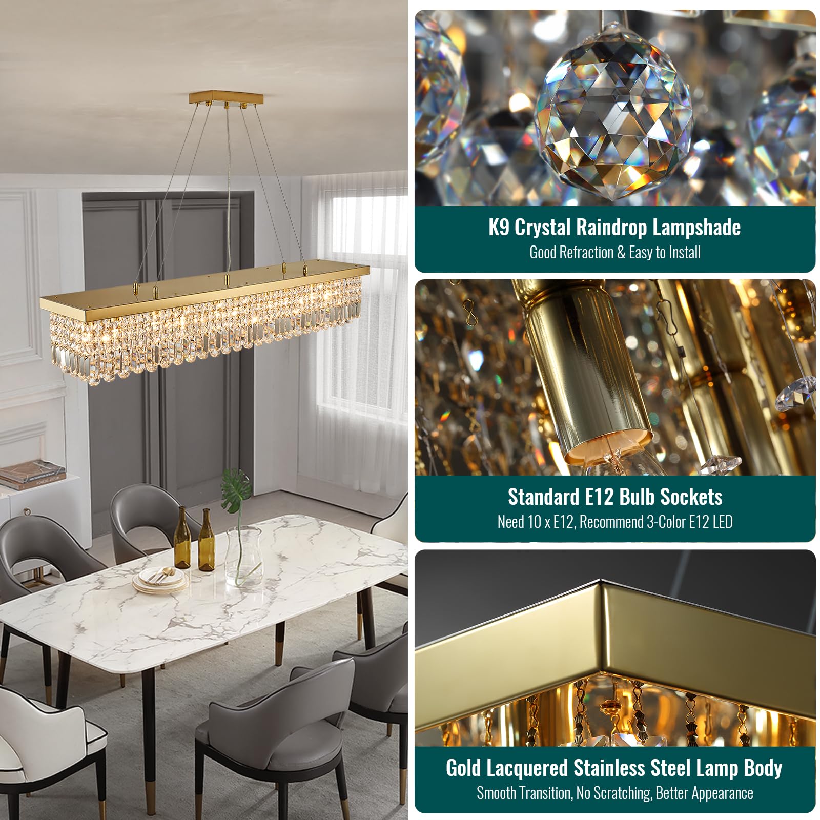 6-Light Modern Crystal Chandelier Rectangular Gold K9 Crystal Raindrop Chandelier for Dining Room, Luxury Adjustable Ceiling Pendant Light for Living Room Kitchen Island L31.5'' x W10'' x H10''