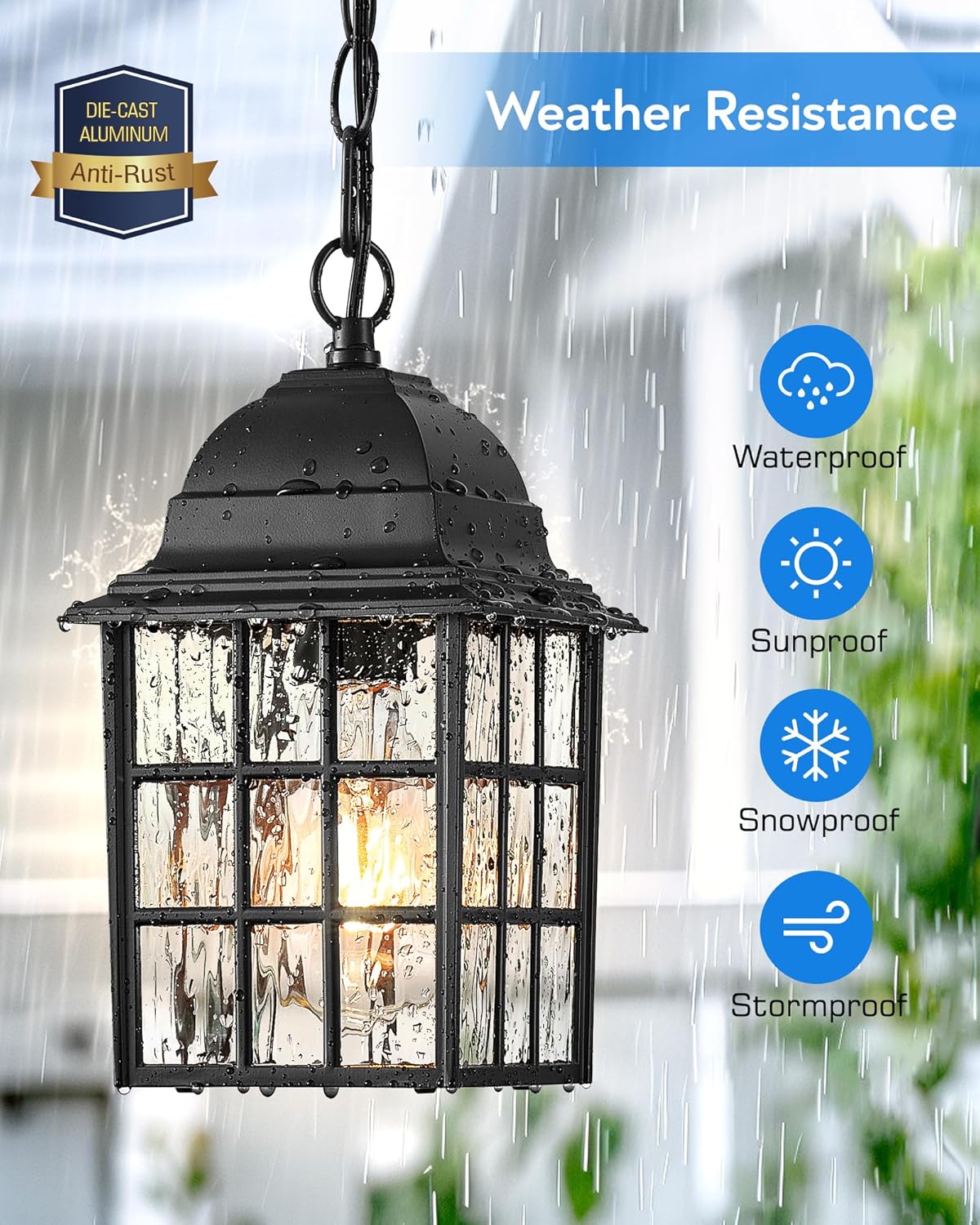 Outdoor Pendant Lights, Black Outdoor Lanterns for Front Porch Anti-Rust Aluminum, Outdoor Farmhouse Light Fixture, Gazebo Chandelier with Tempered Ripple Glass for Porch, Garage, Entryway