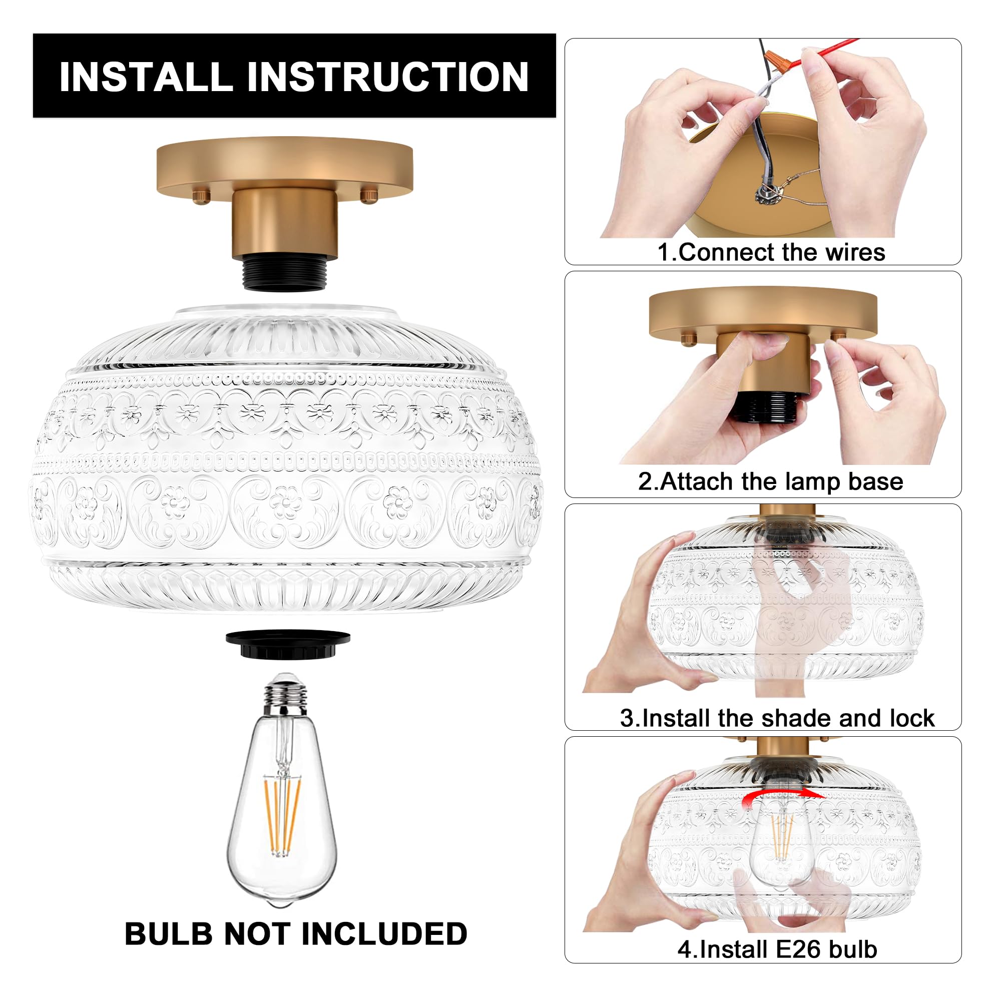 Semi Flush Mount Ceiling Light, Upgraded Modern Close to Ceiling Light Fixture with Clear Glass,Gold Indoor Kitchen Lighting for Porch Corridor Hallway Bedroom, Bulb Not Included