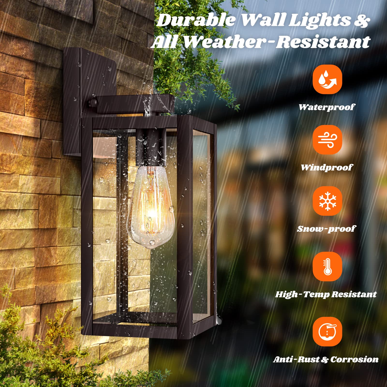 2-Pack Outdoor Light Fixtures Wall Mount, Waterproof Exterior Wall Lanterns with Clear Glass, Anti-Rust Outside Black Wall Sconces, Front Porch Lights for House Garage Doorway, Bulbs Not Included