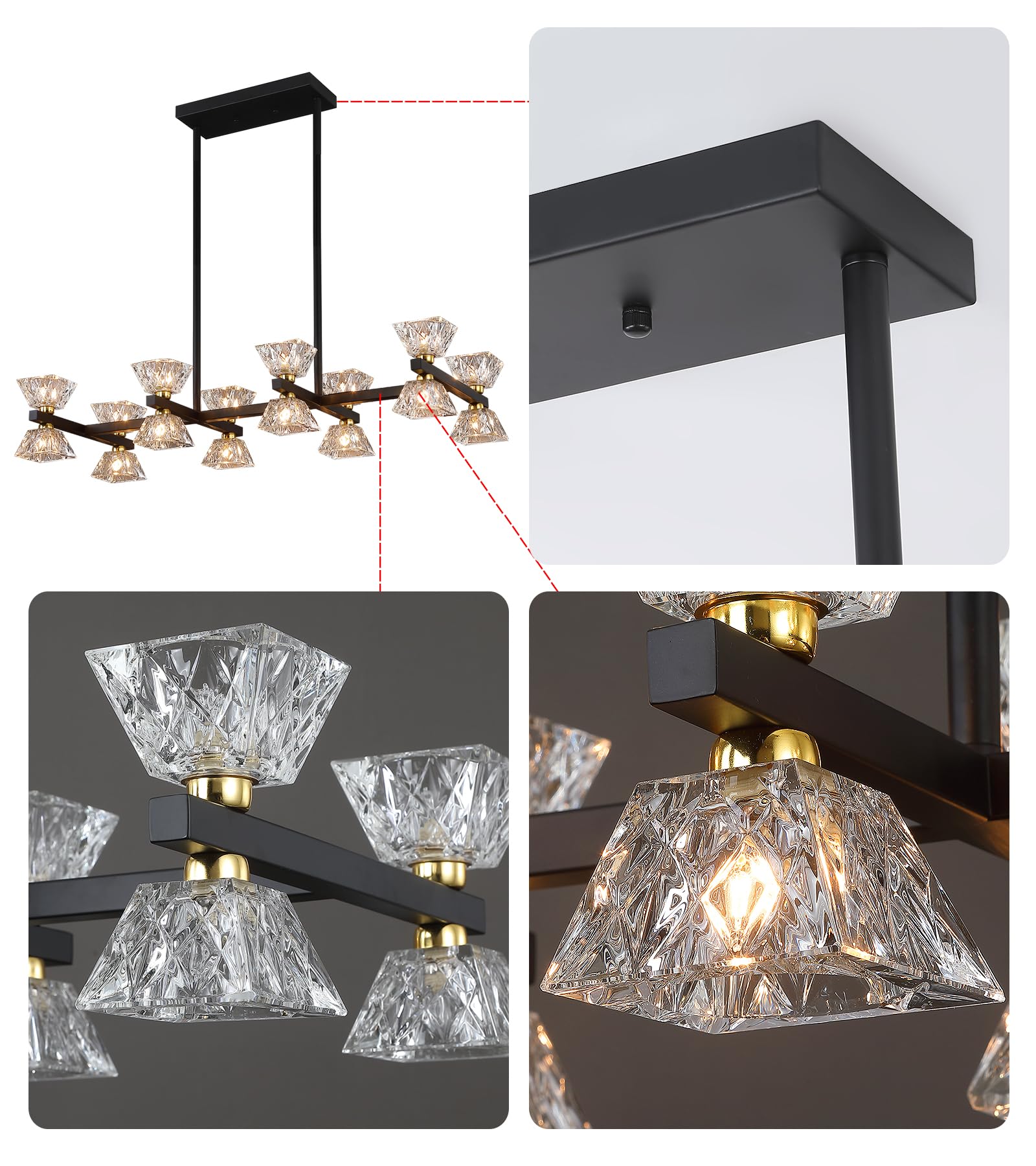 Black Modern Crystal Chandeliers,Farmhouse Rectangle 16-Light Dining Room Light Fixtures for Kitchen Island Bar Living Room UL Listed 𝐋𝟑𝟓.𝟓"